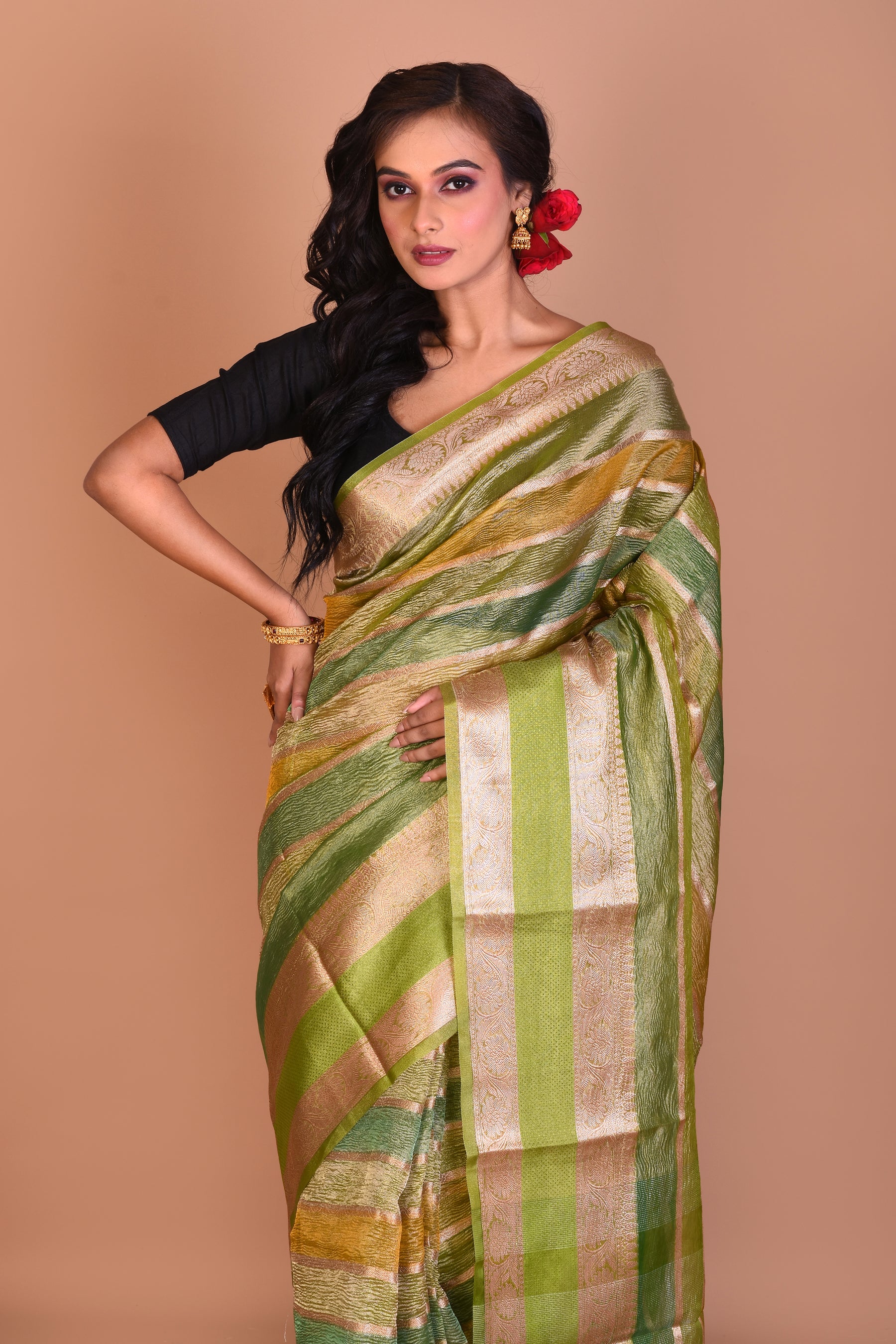 Green Multi-coloured Blended Tissue Saree with Blouse Piece - Keya Seth Exclusive