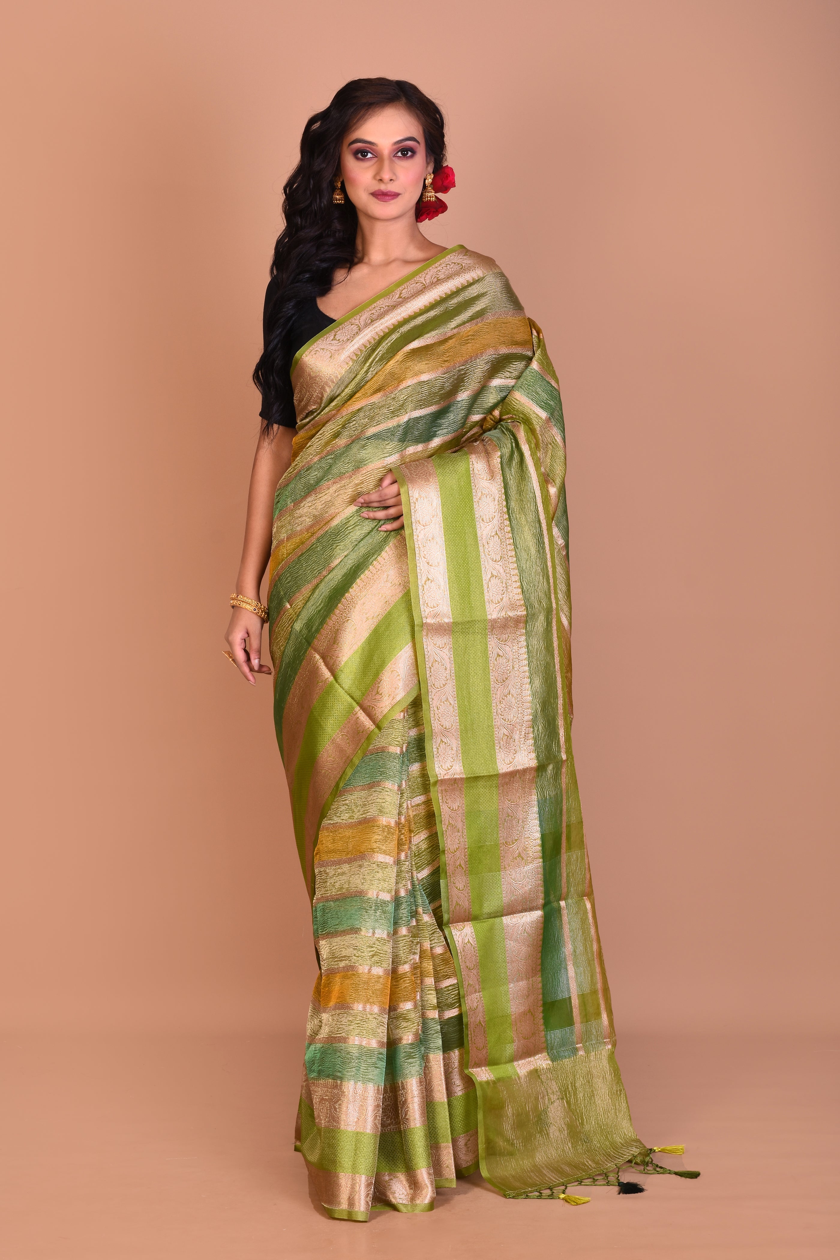 Green Multi-coloured Blended Tissue Saree with Blouse Piece - Keya Seth Exclusive