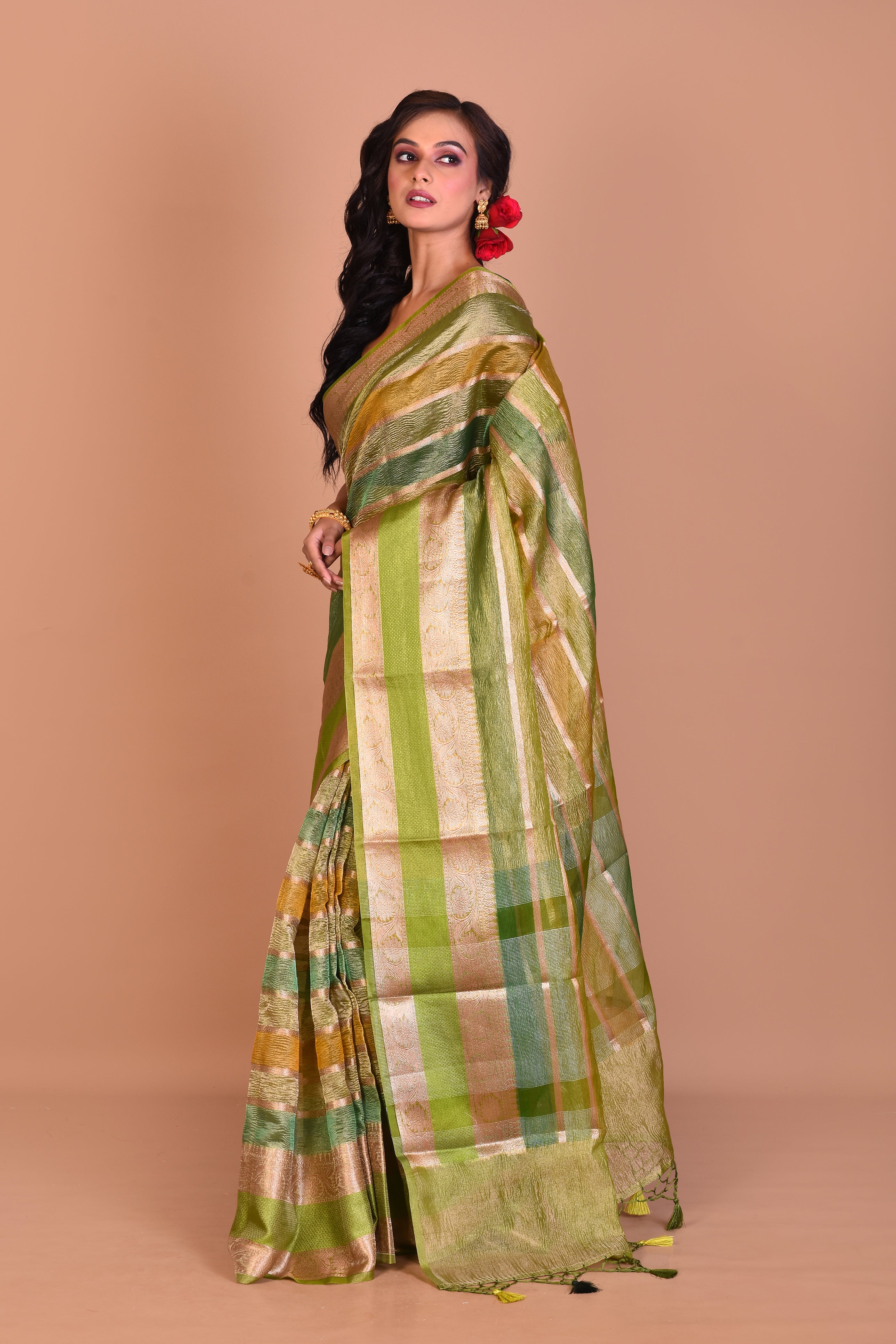 Green Multi-coloured Blended Tissue Saree with Blouse Piece - Keya Seth Exclusive