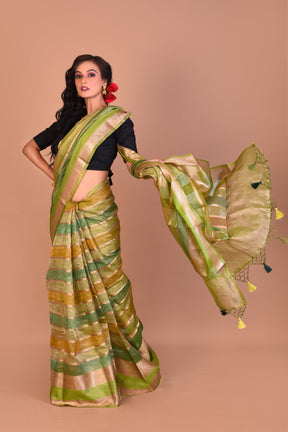 Green Multi-coloured Blended Tissue Saree with Blouse Piece - Keya Seth Exclusive