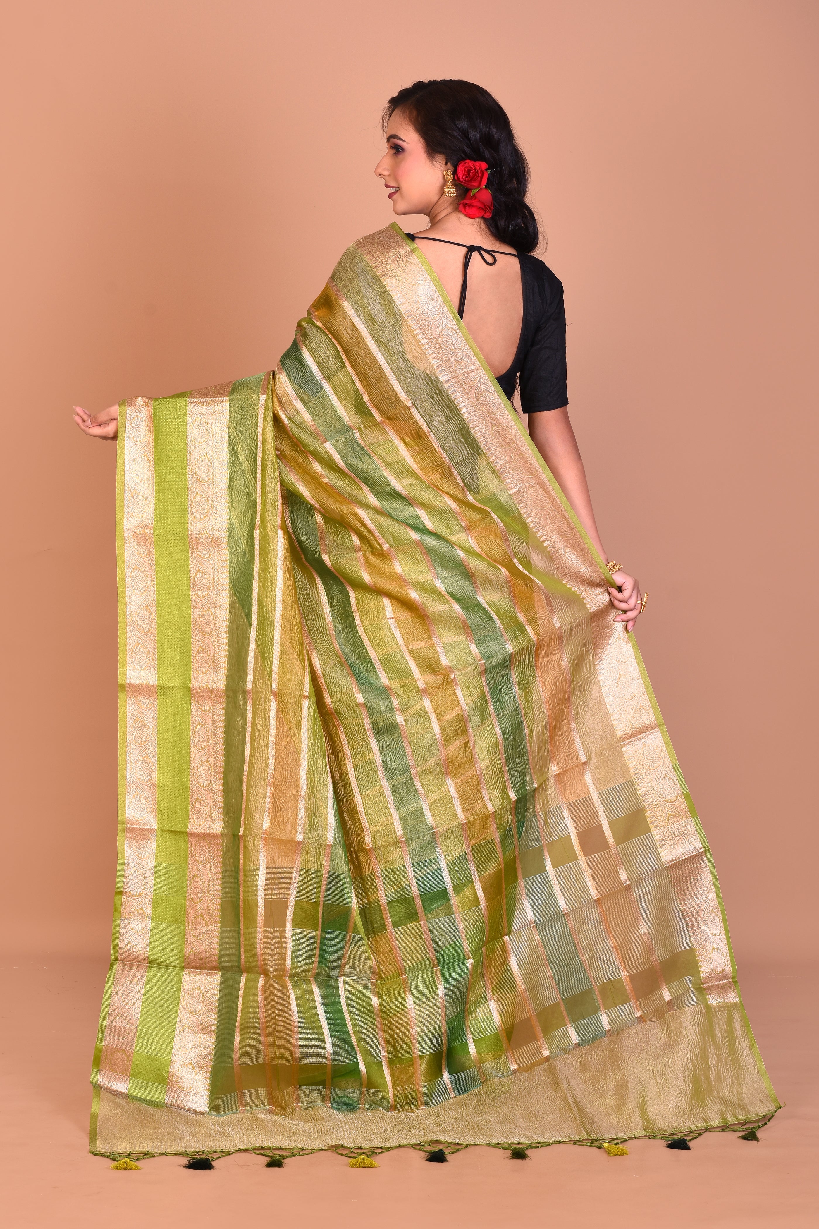 Green Multi-coloured Blended Tissue Saree with Blouse Piece - Keya Seth Exclusive