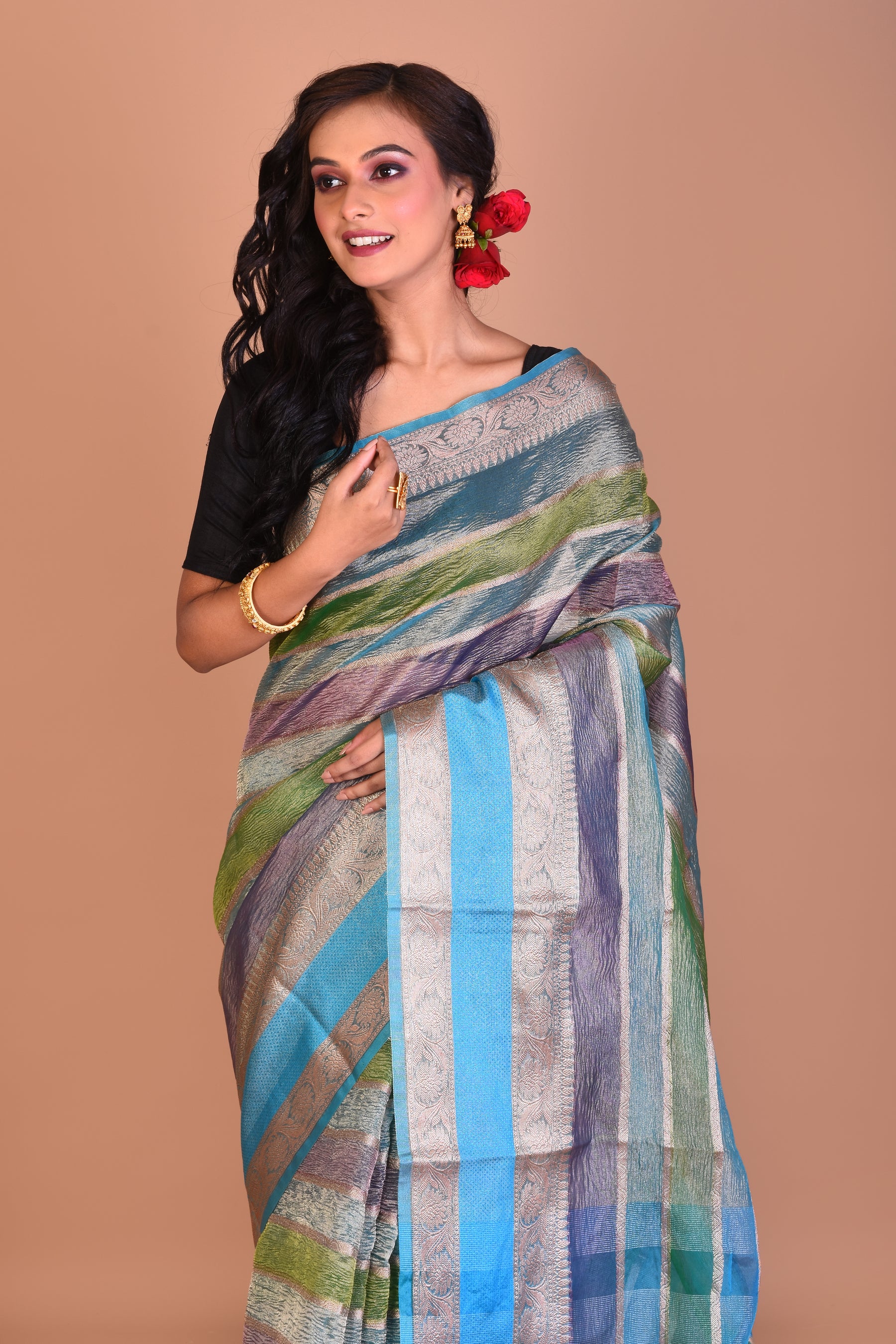 Blue Multi-coloured Blended Tissue Saree with Blouse Piece - Keya Seth Exclusive