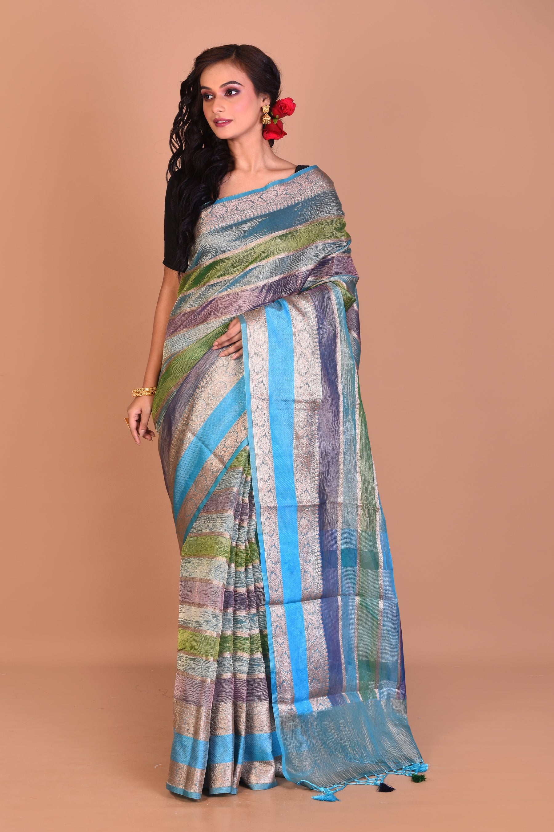 Blue Multi-coloured Blended Tissue Saree with Blouse Piece - Keya Seth Exclusive