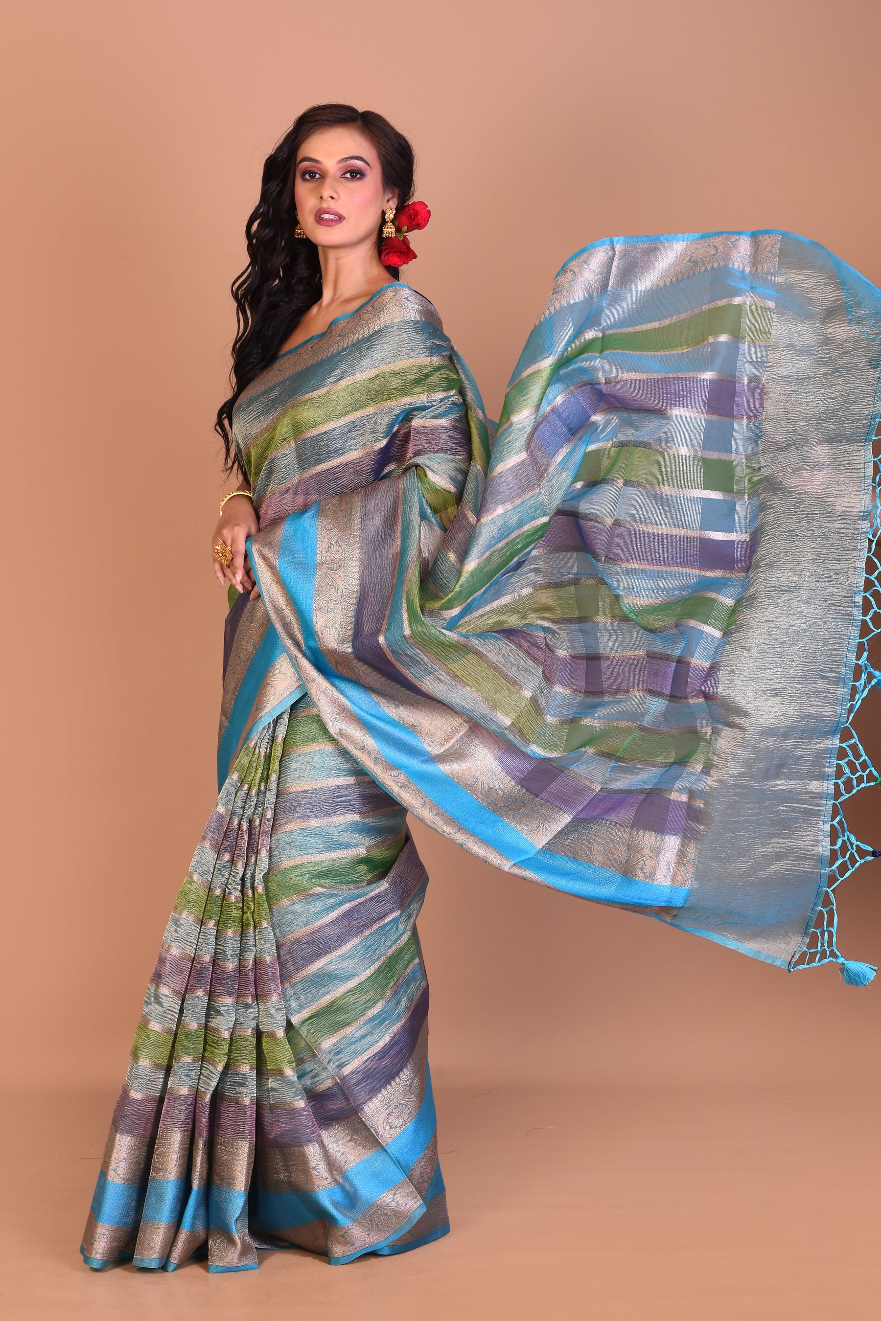 Blue Multi-coloured Blended Tissue Saree with Blouse Piece - Keya Seth Exclusive