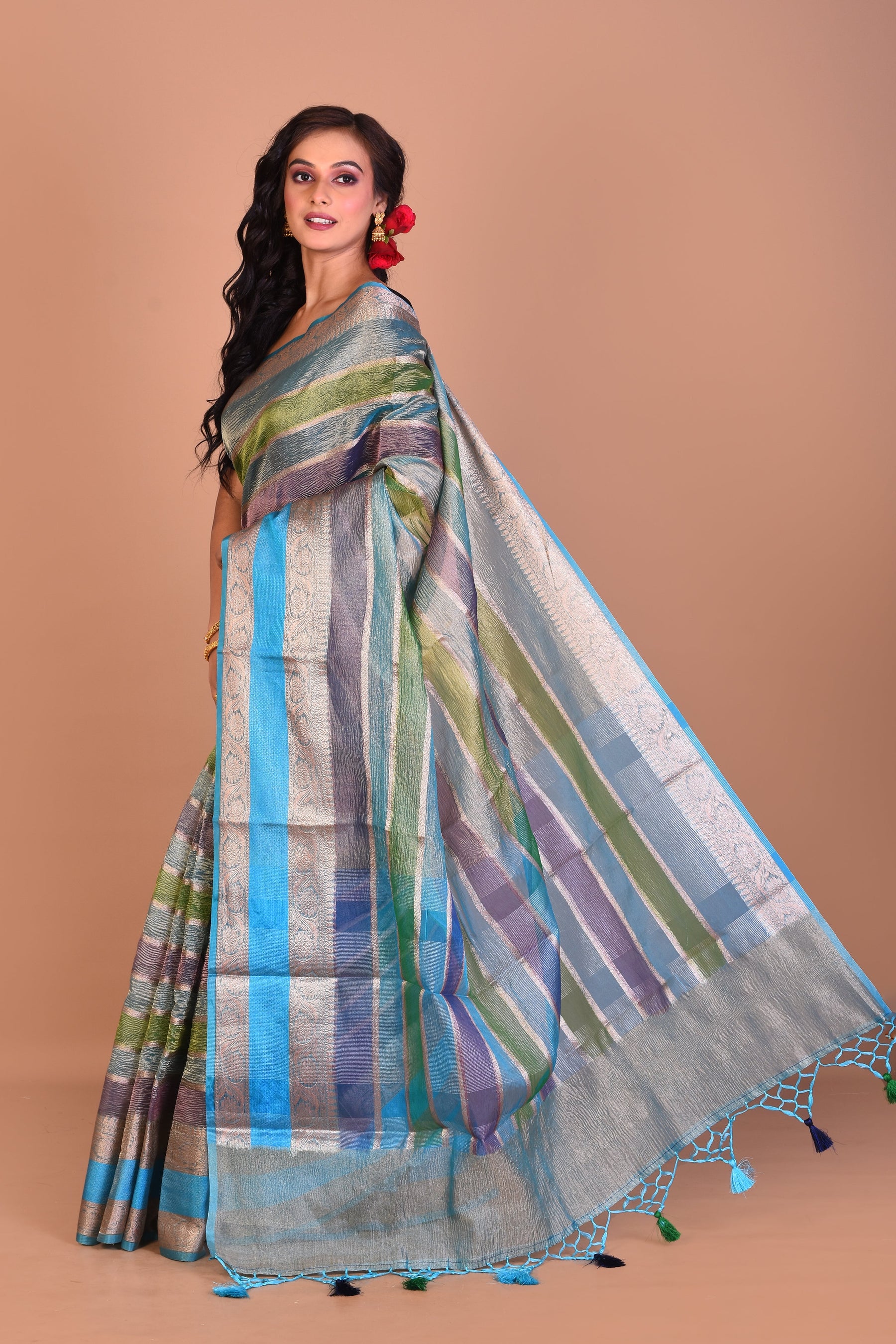 Blue Multi-coloured Blended Tissue Saree with Blouse Piece - Keya Seth Exclusive