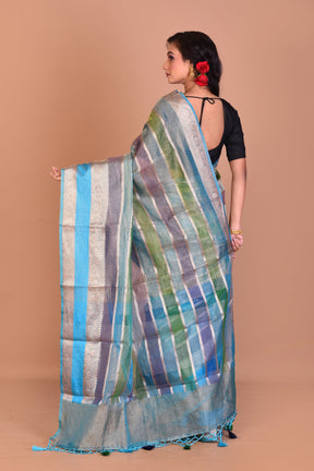 Blue Multi-coloured Blended Tissue Saree with Blouse Piece - Keya Seth Exclusive