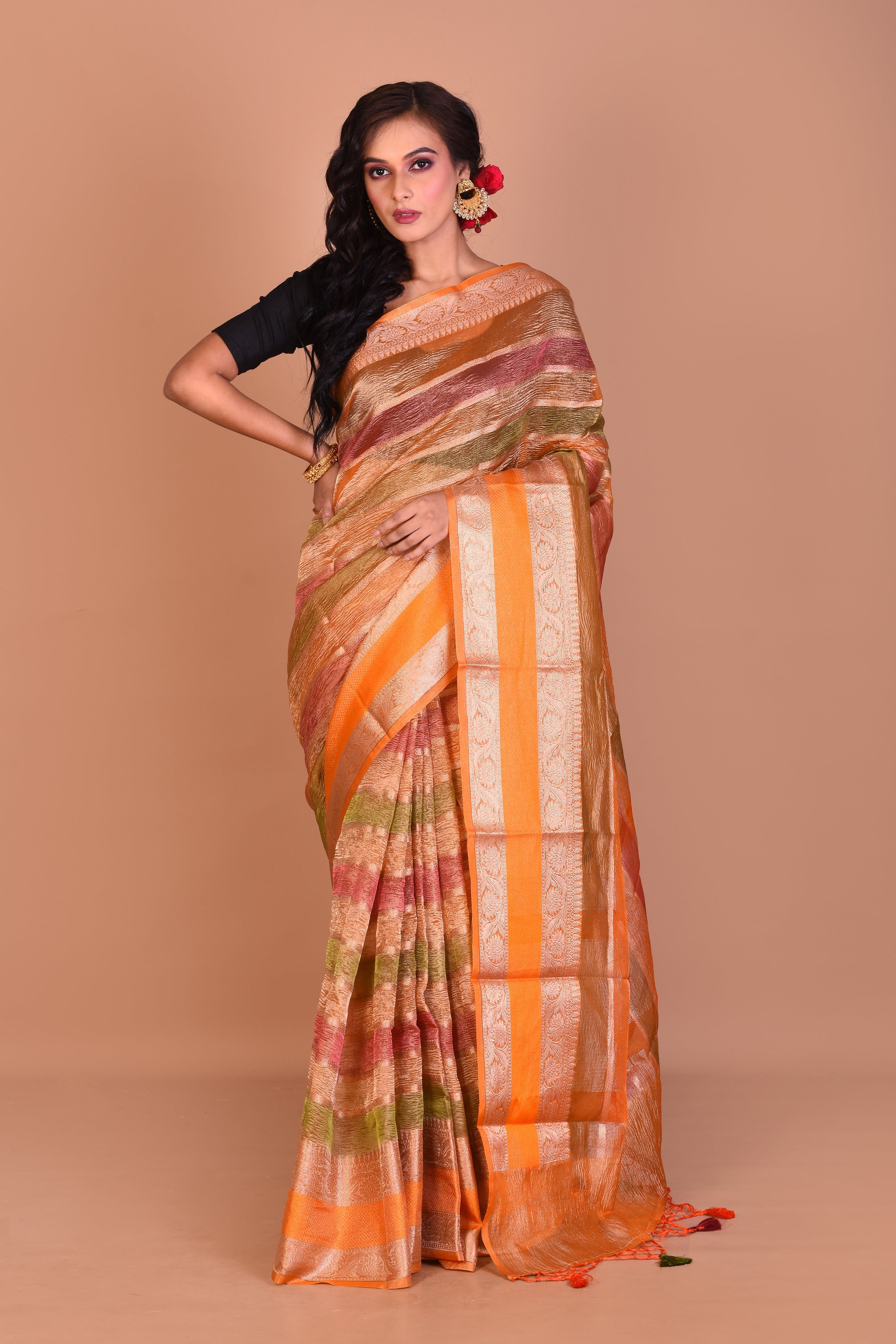 Orange Multi-coloured Blended Tissue Saree with Blouse Piece - Keya Seth Exclusive