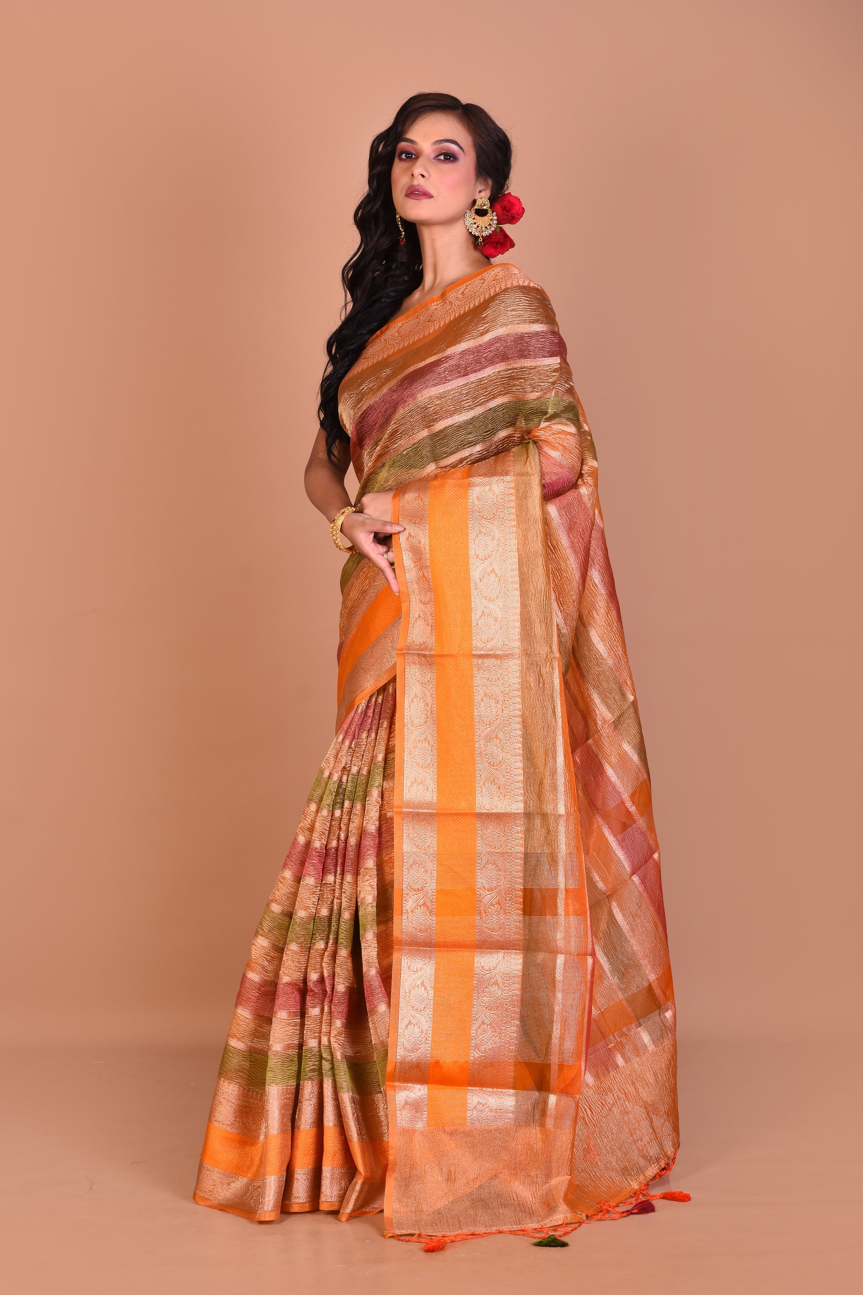 Orange Multi-coloured Blended Tissue Saree with Blouse Piece - Keya Seth Exclusive