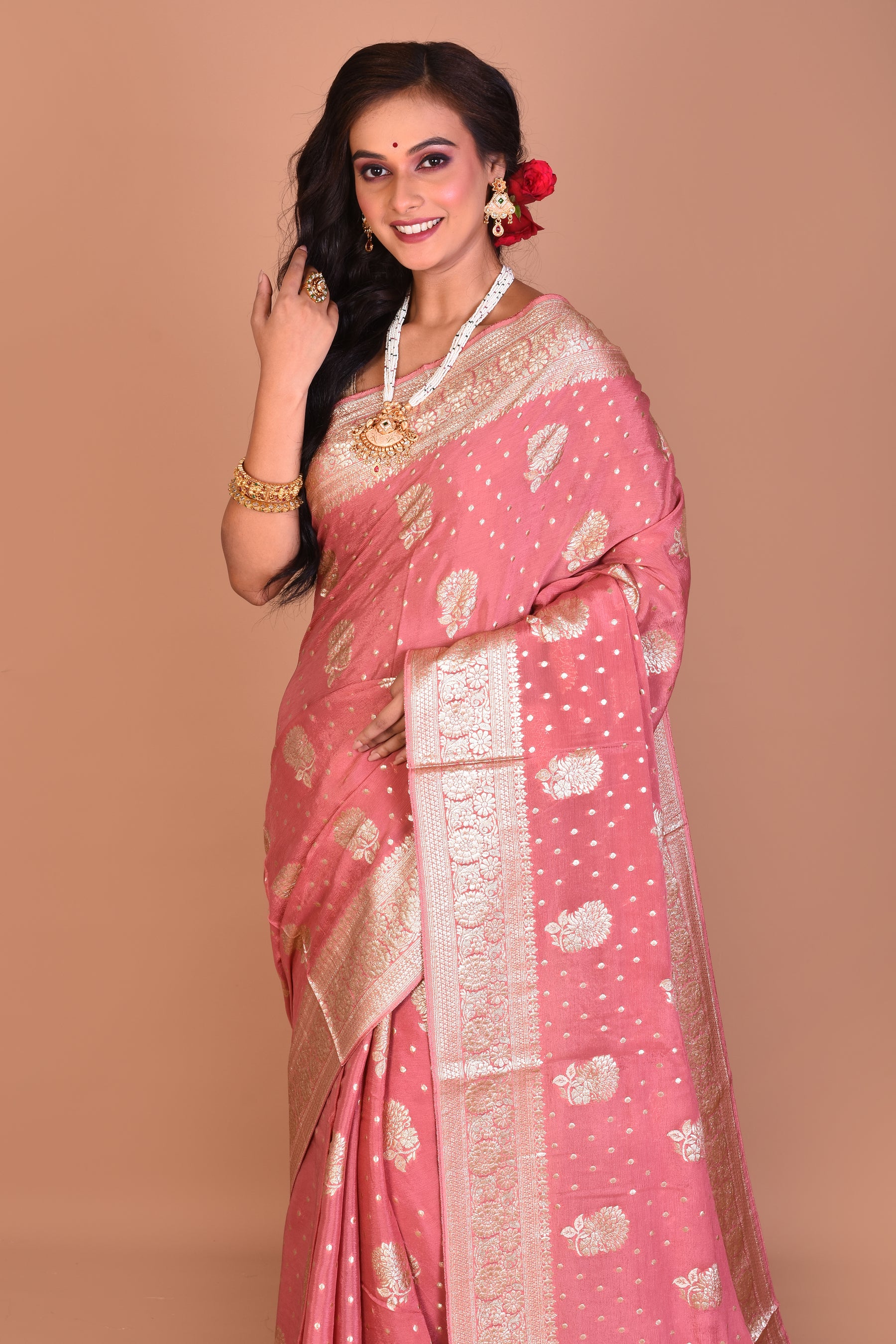 Dusky Pink Designer Khaddi Saree with Blouse Piece - Keya Seth Exclusive