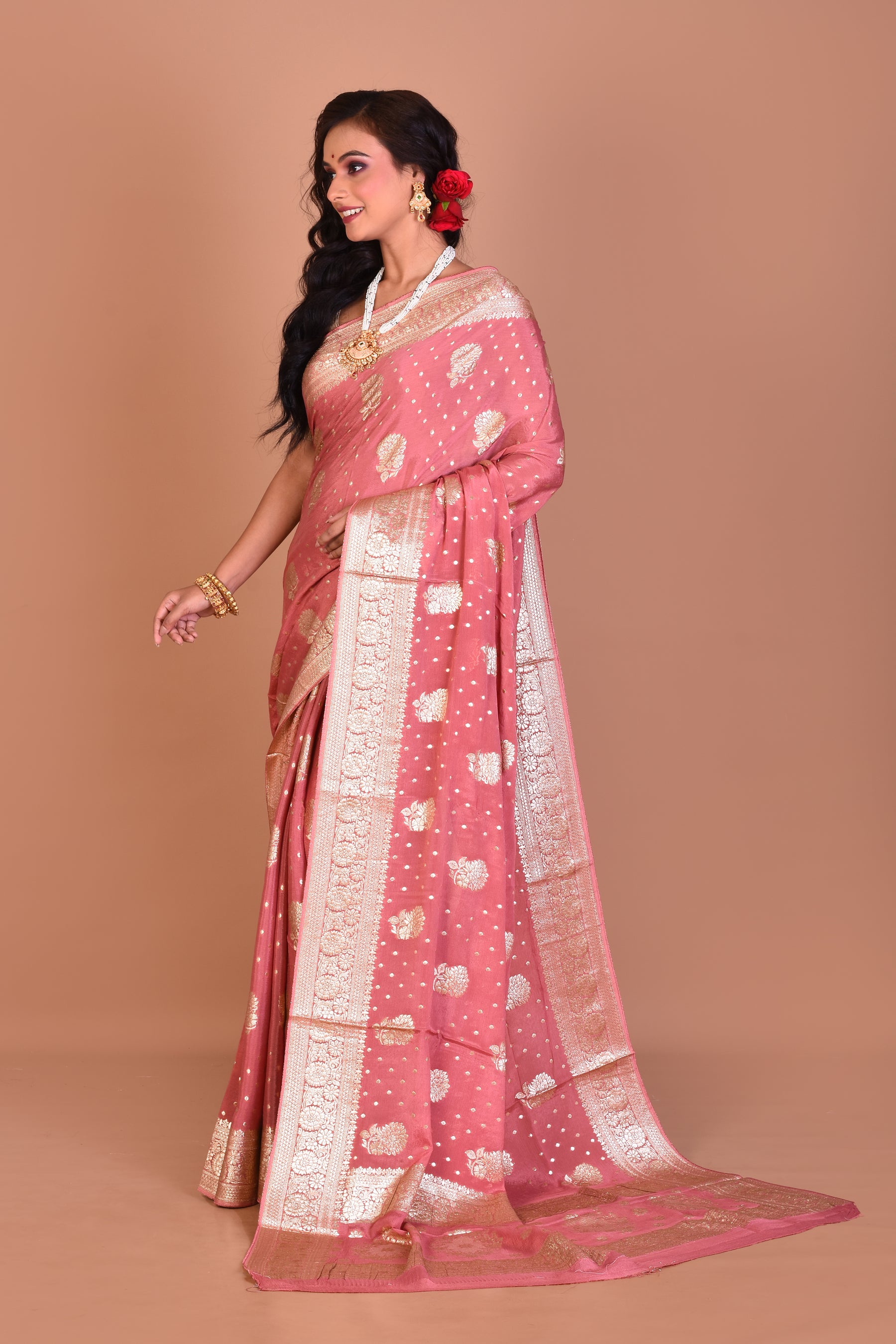 Dusky Pink Designer Khaddi Saree with Blouse Piece - Keya Seth Exclusive