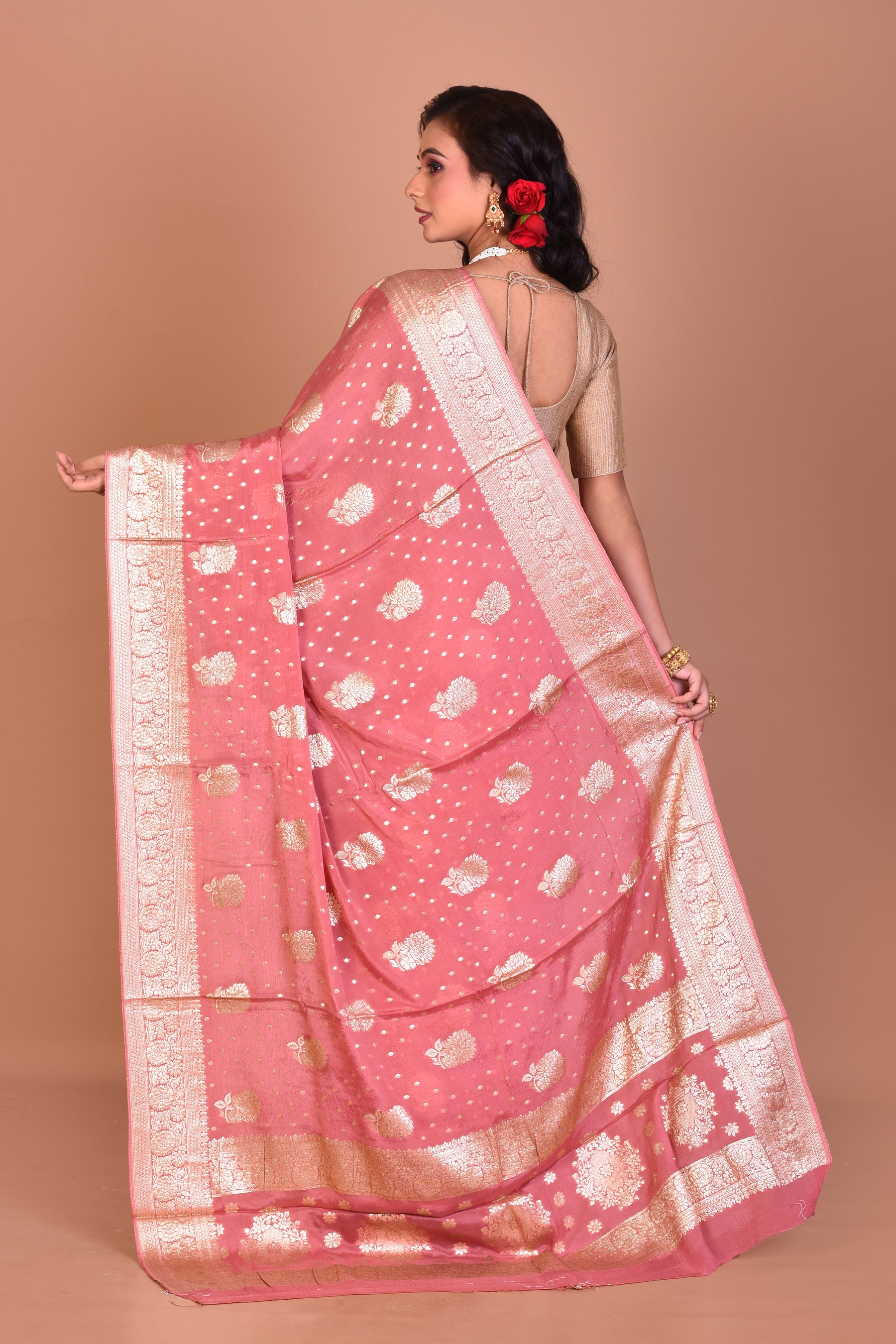 Dusky Pink Designer Khaddi Saree with Blouse Piece - Keya Seth Exclusive