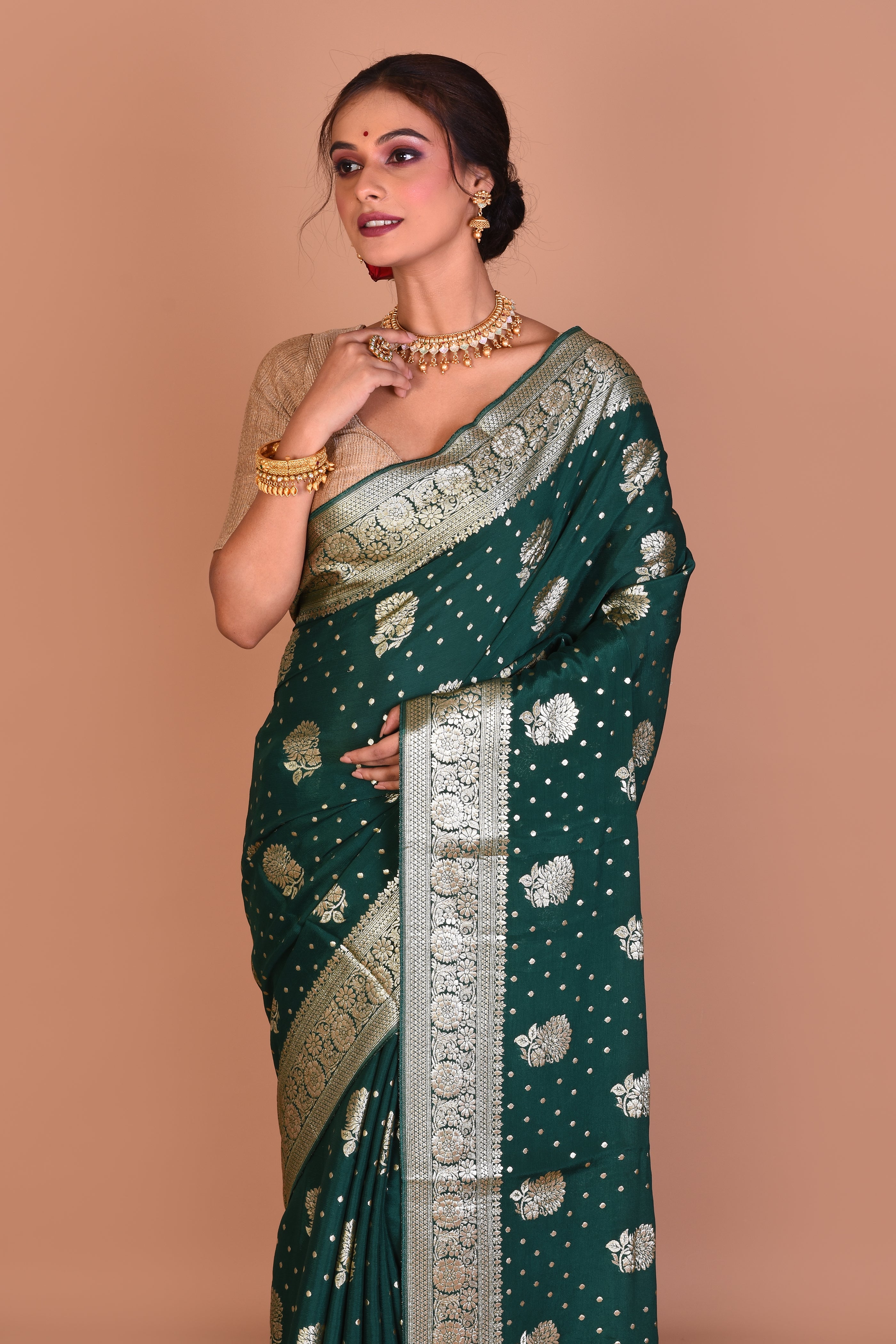 Bottle Green Designer Khaddi Saree with Blouse Piece - Keya Seth Exclusive