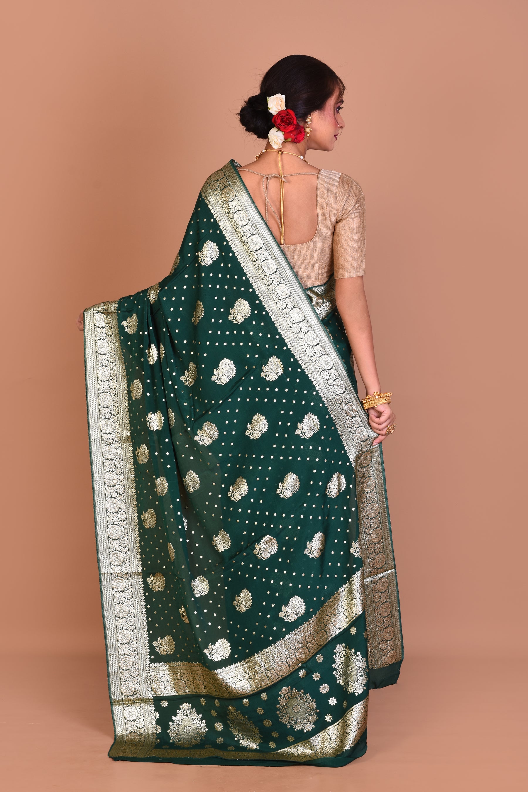 Bottle Green Designer Khaddi Saree with Blouse Piece - Keya Seth Exclusive