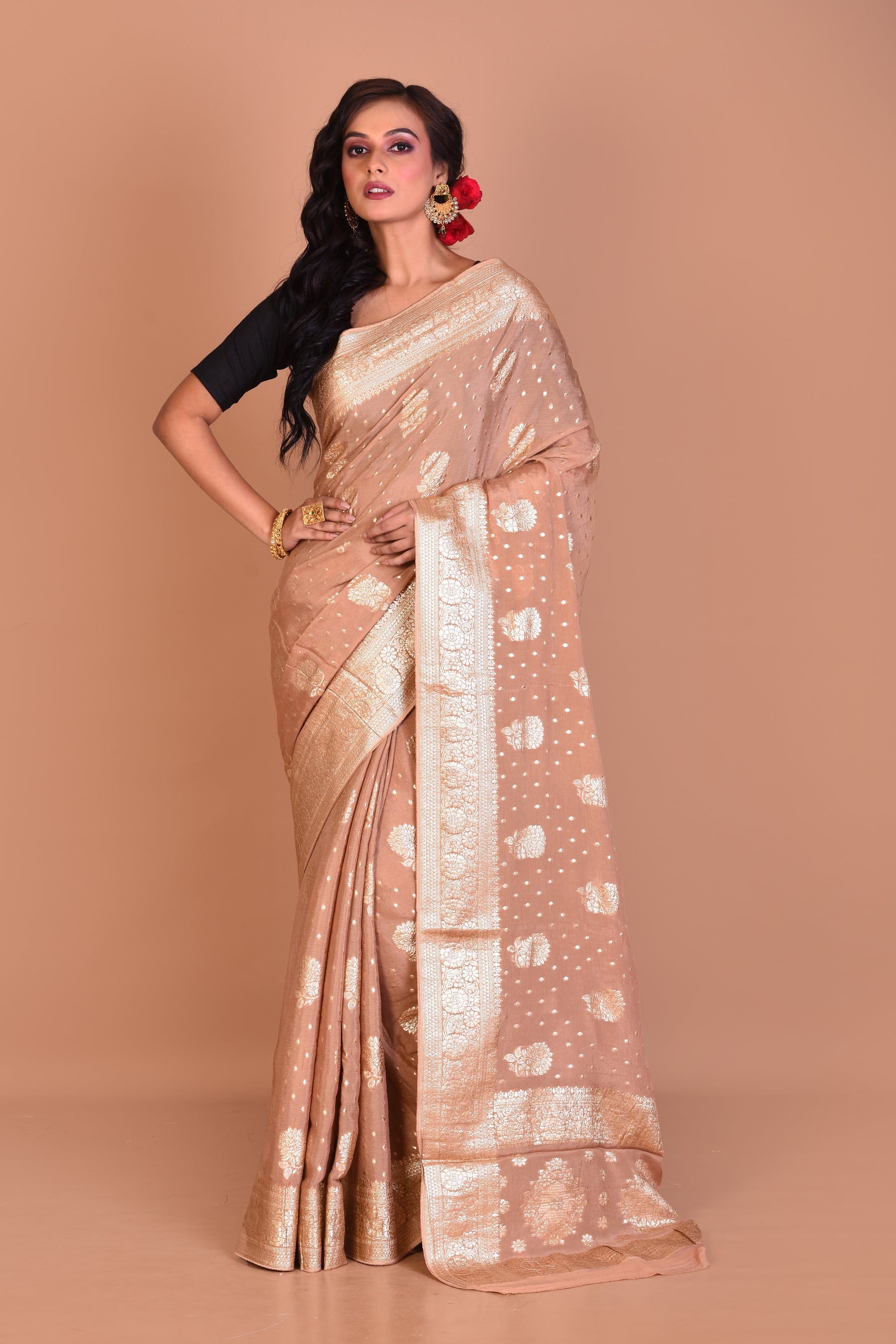 Beige Designer Khaddi Saree with Blouse Piece - Keya Seth Exclusive