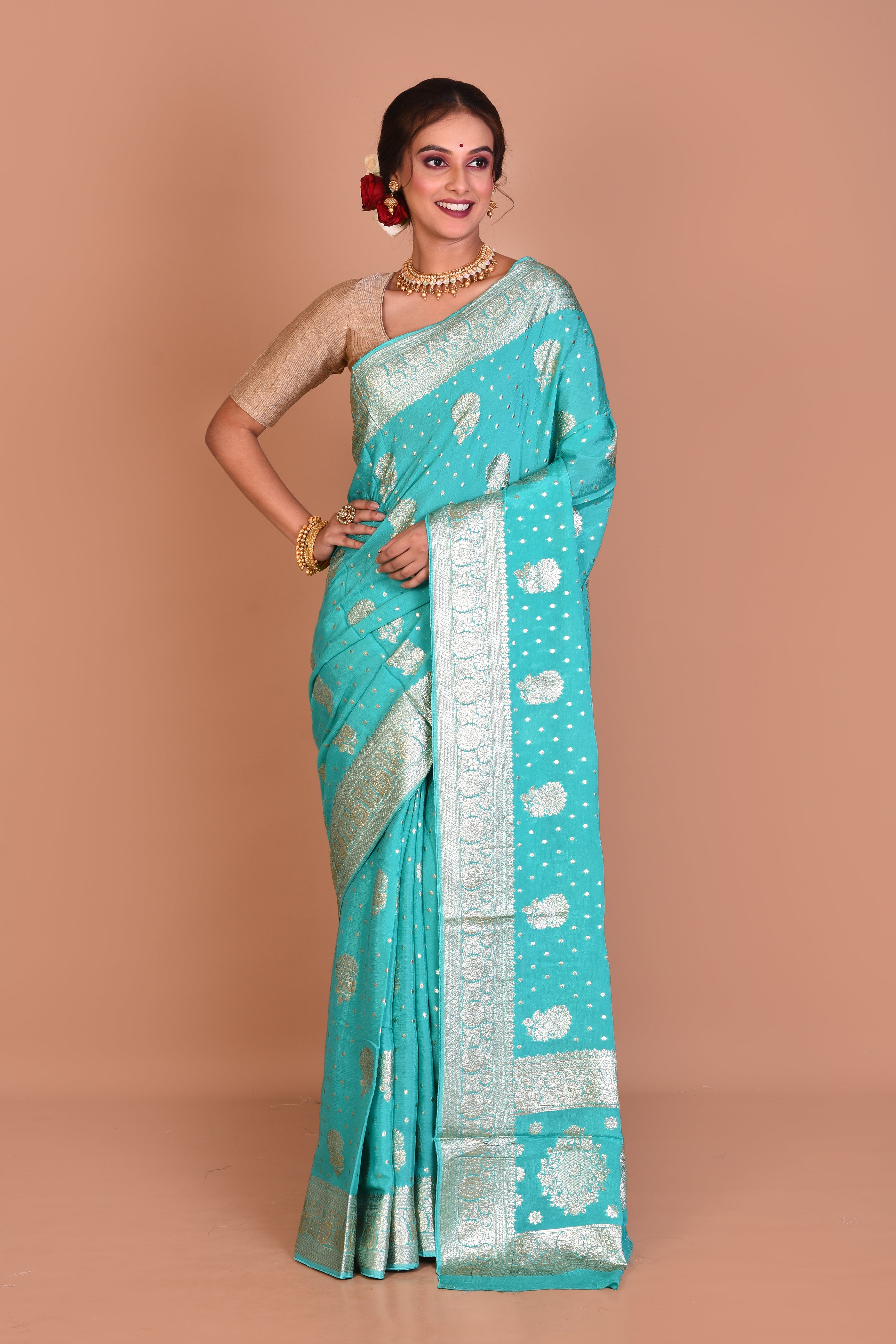 Sea Green Designer Khaddi Saree with Blouse Piece - Keya Seth Exclusive