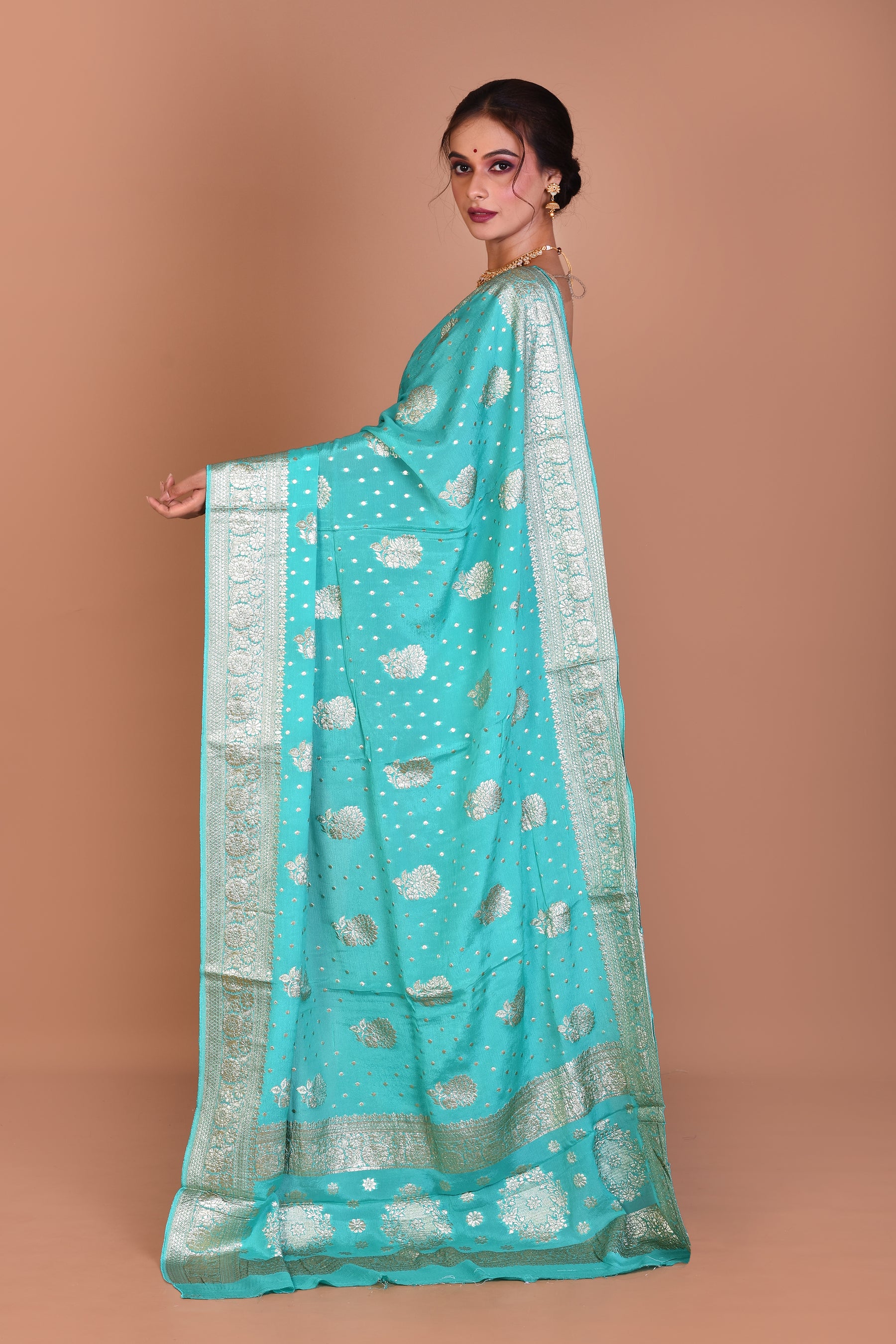 Sea Green Designer Khaddi Saree with Blouse Piece - Keya Seth Exclusive