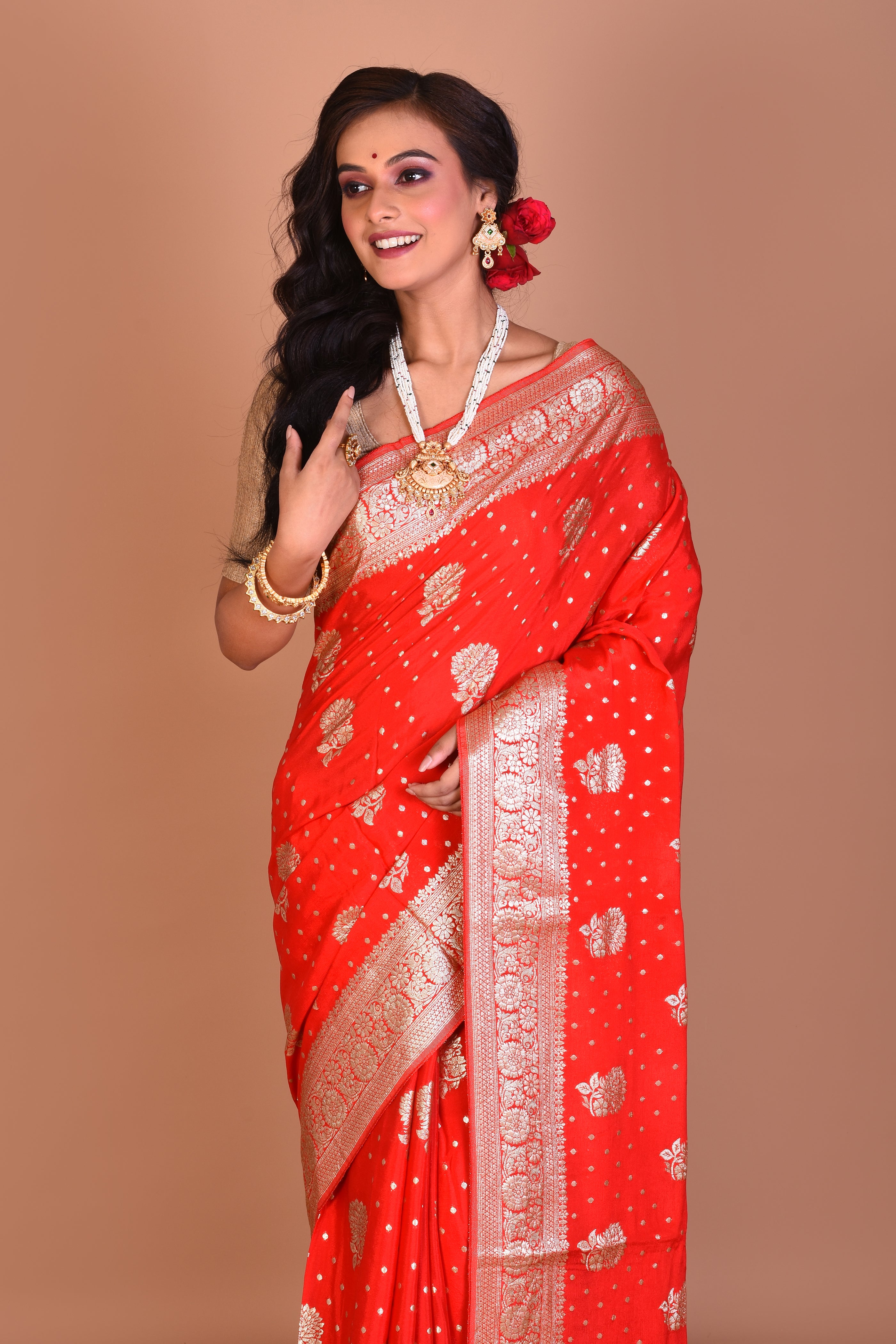 Red Designer Khaddi Saree with Blouse Piece - Keya Seth Exclusive