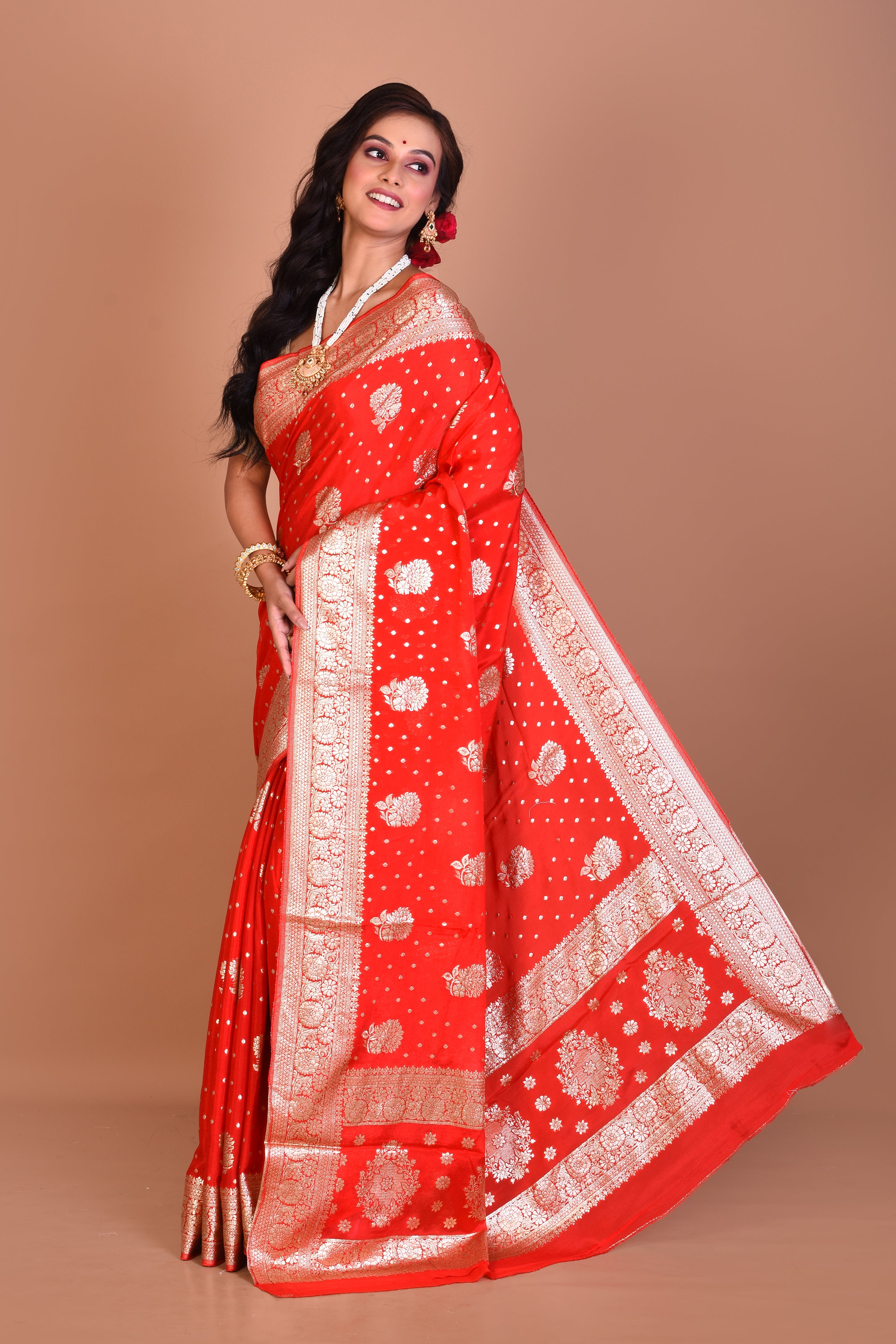 Red Designer Khaddi Saree with Blouse Piece - Keya Seth Exclusive