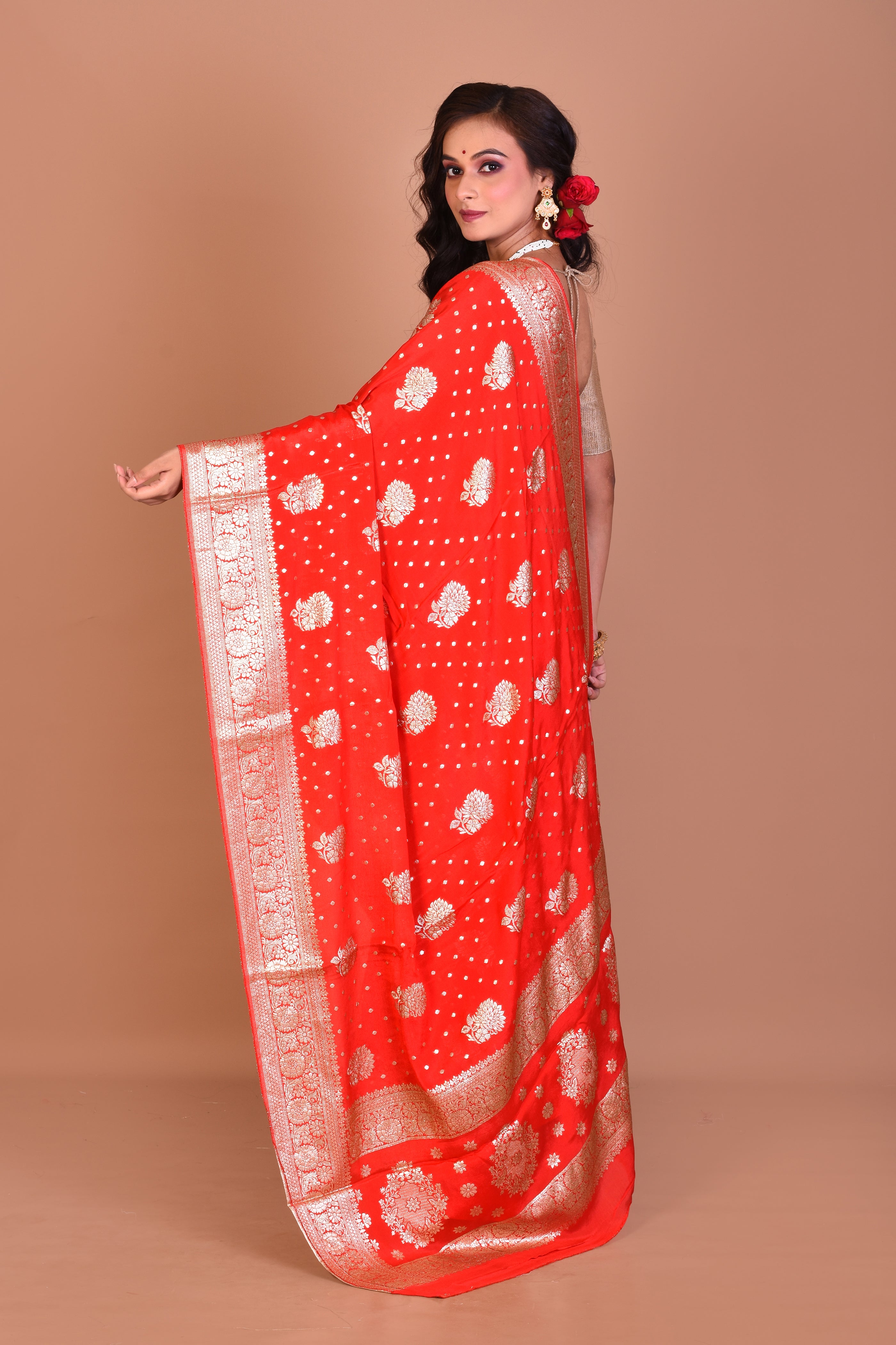 Red Designer Khaddi Saree with Blouse Piece - Keya Seth Exclusive