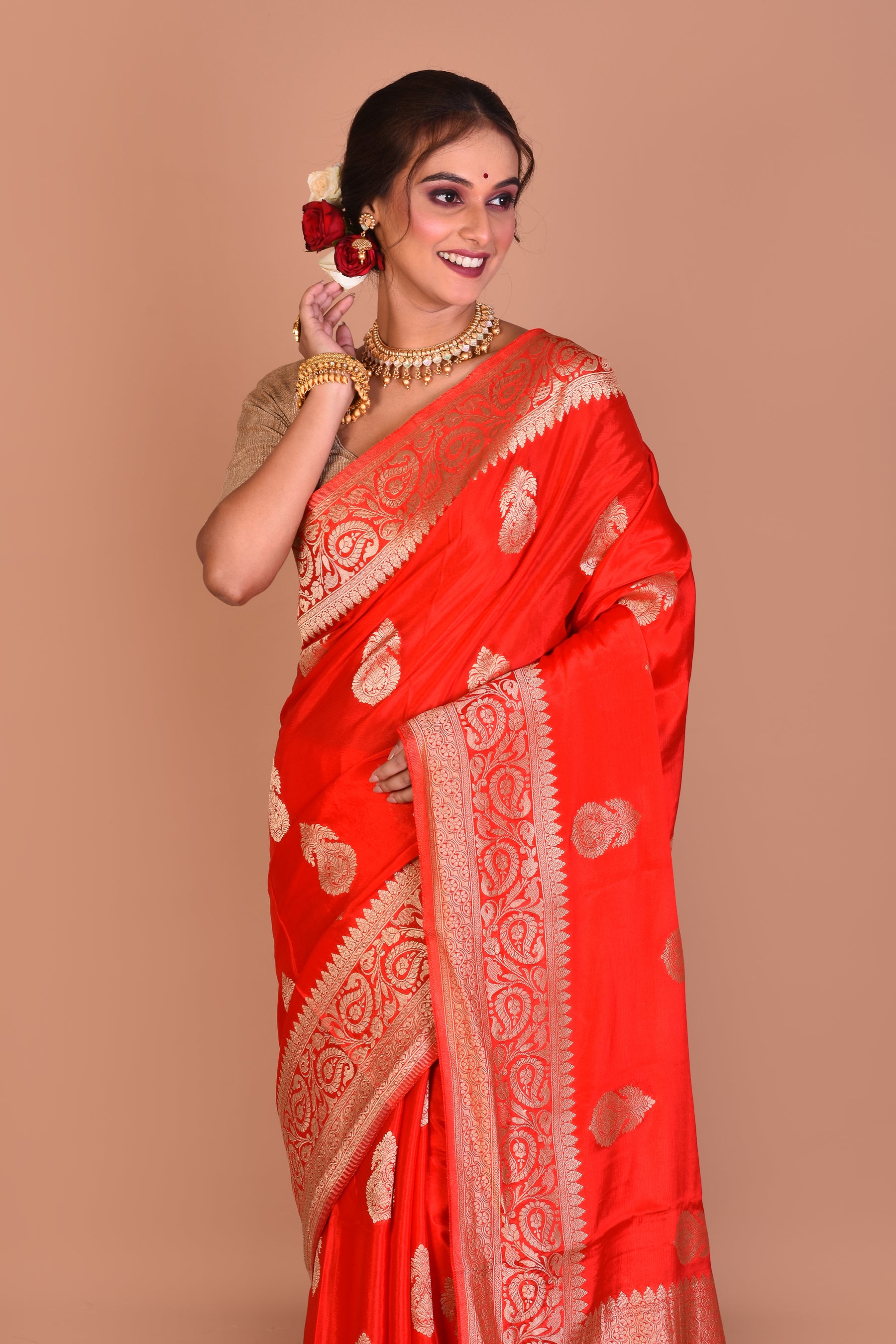 Red Fancy Khaddi Saree with Blouse Piece - Keya Seth Exclusive