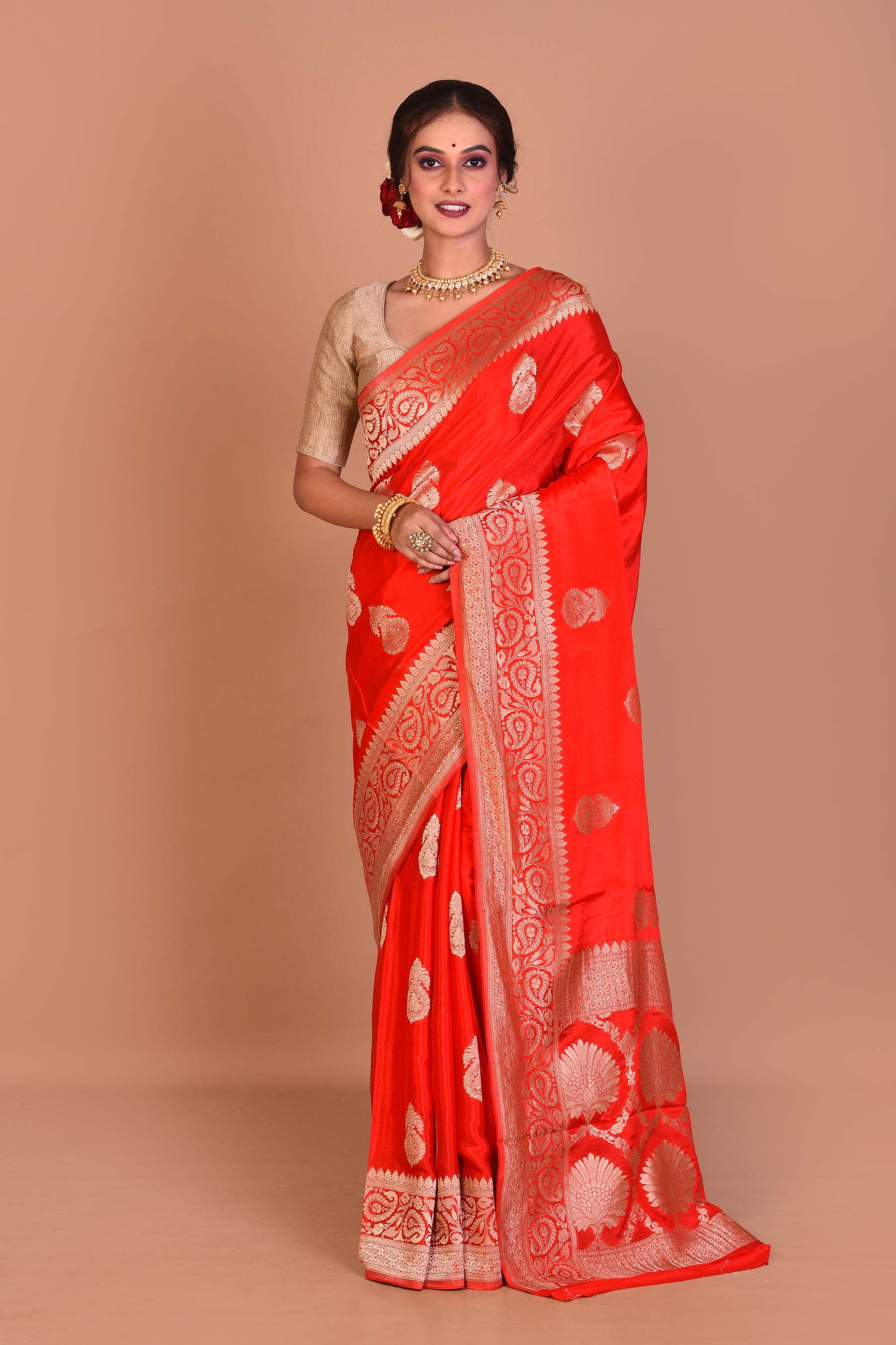 Red Fancy Khaddi Saree with Blouse Piece - Keya Seth Exclusive