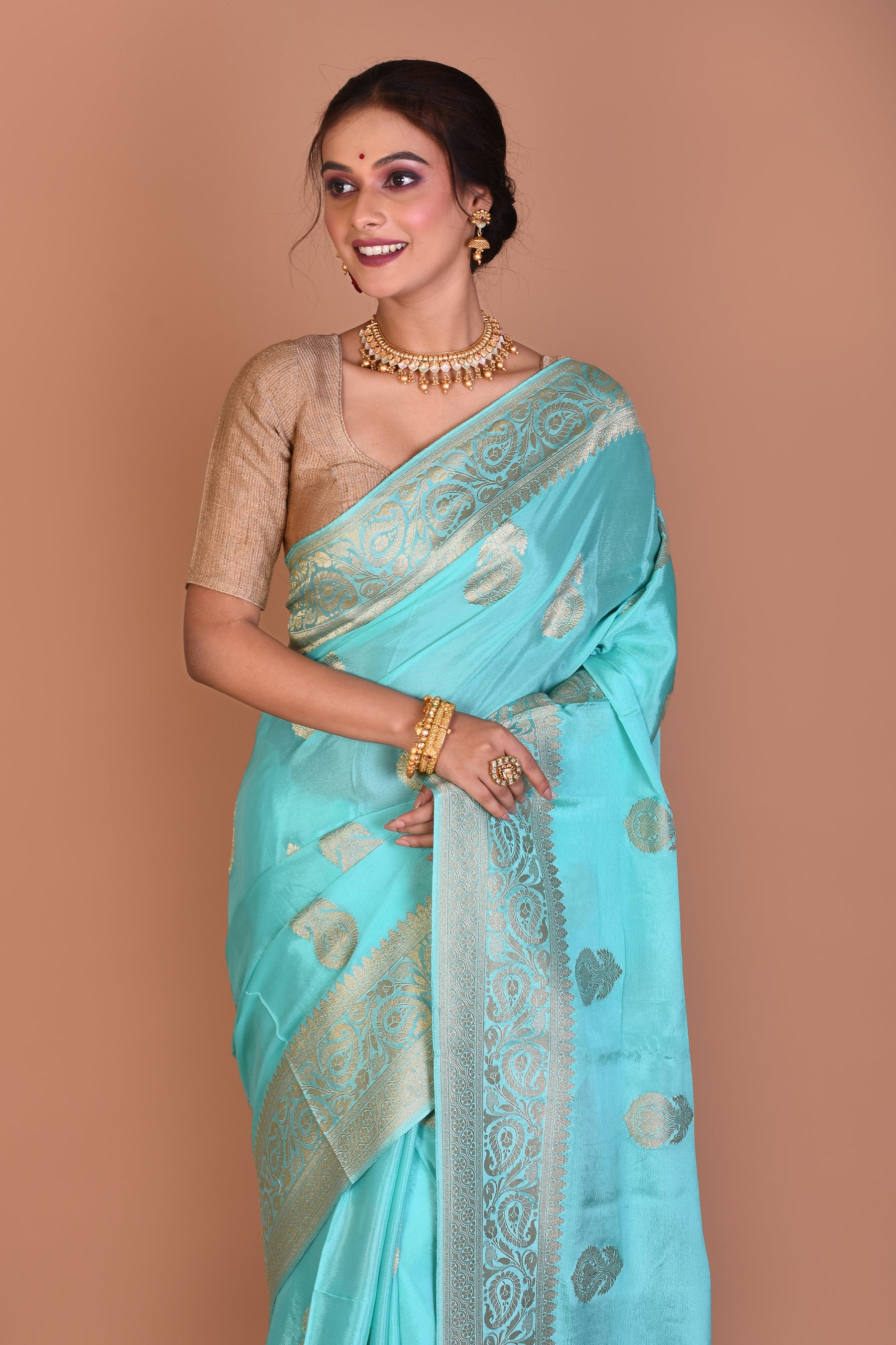 Sea Green Fancy Khaddi Saree with Blouse Piece - Keya Seth Exclusive