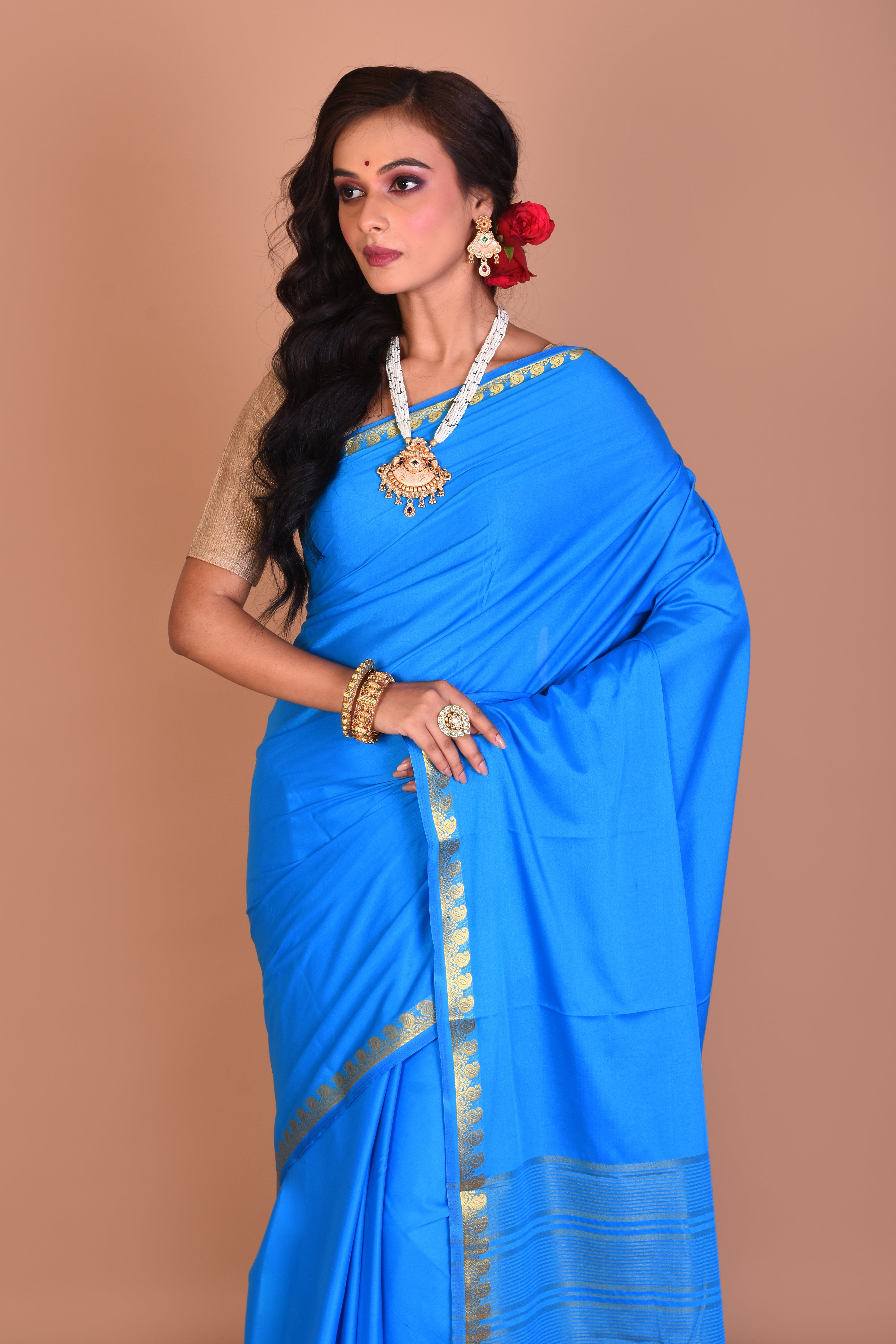 Blue Single Colored Blended Silk Saree with Blouse Piece - Keya Seth Exclusive