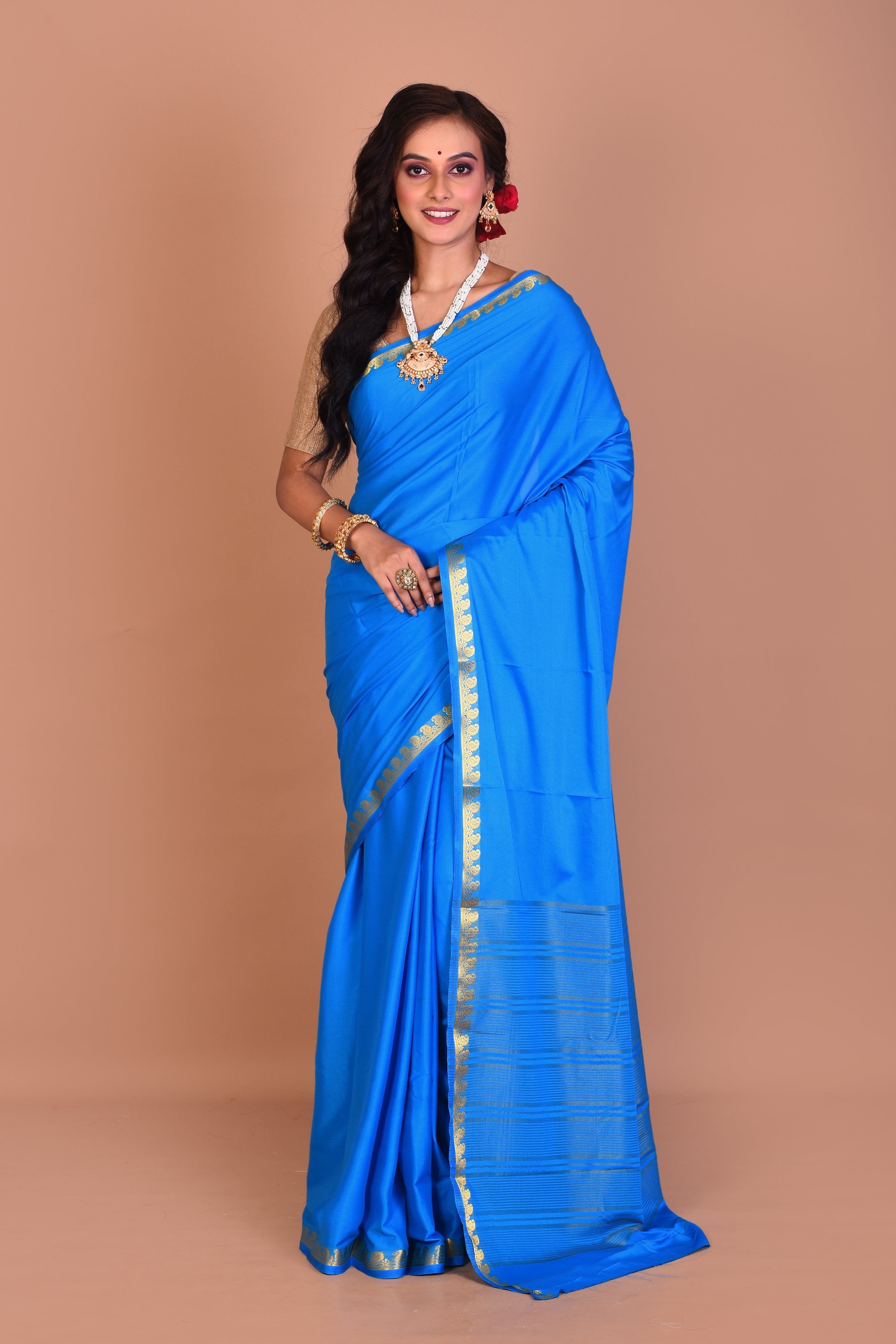 Blue Single Colored Blended Silk Saree with Blouse Piece - Keya Seth Exclusive