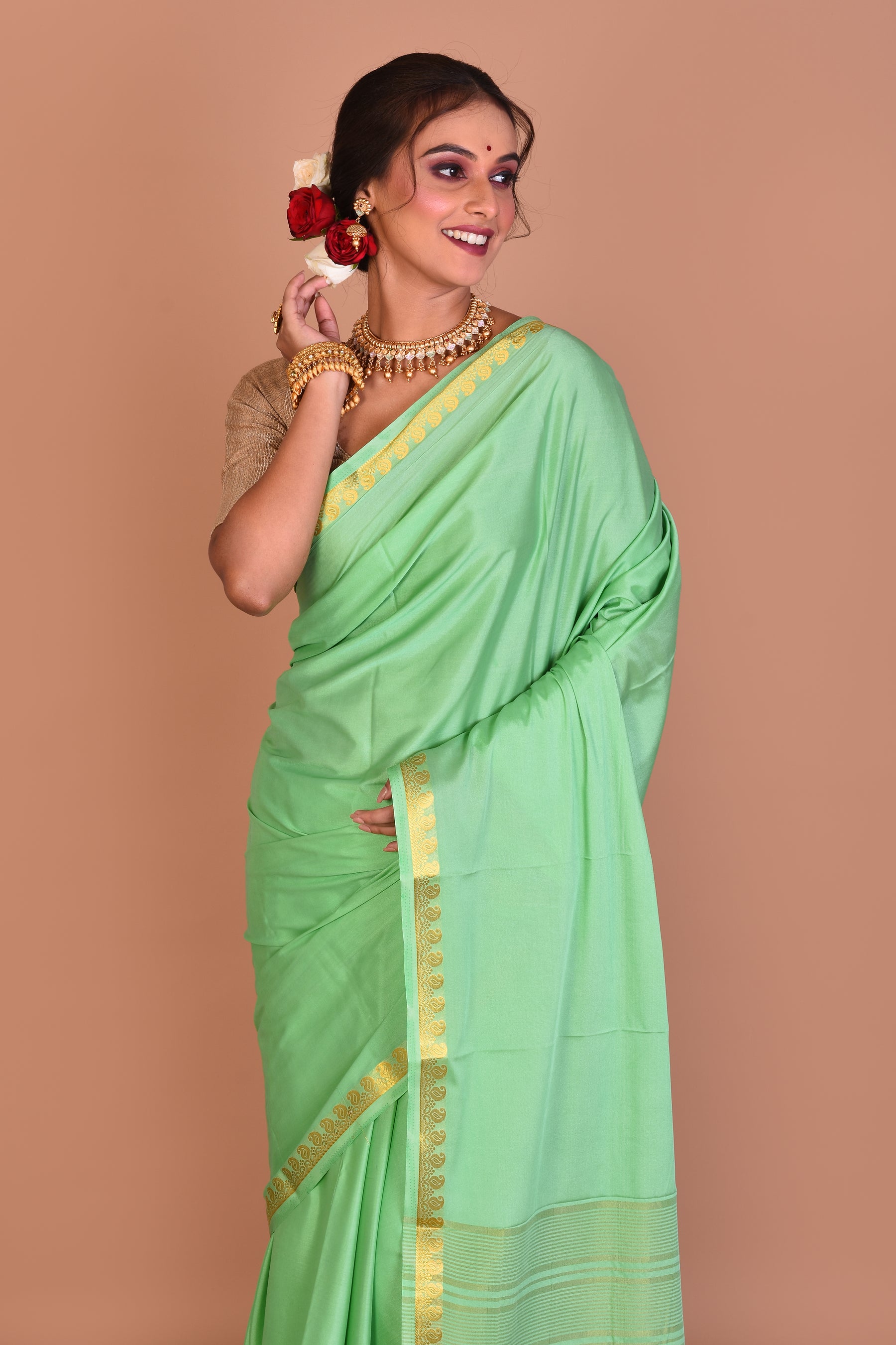 Light Green Single Colored Blended Silk Saree with Blouse Piece - Keya Seth Exclusive