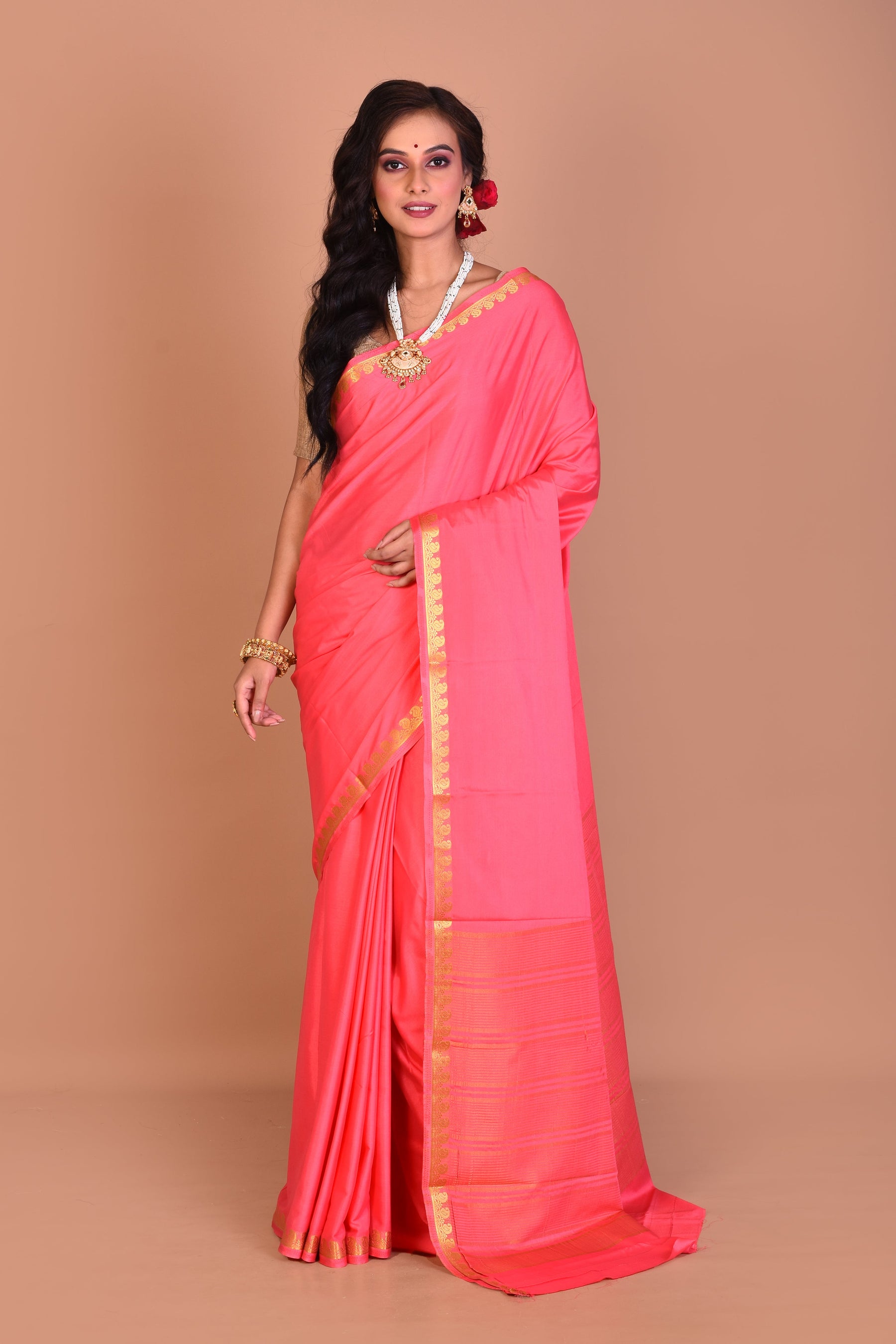 Light Pink Single Colored Blended Silk Saree with Blouse Piece - Keya Seth Exclusive