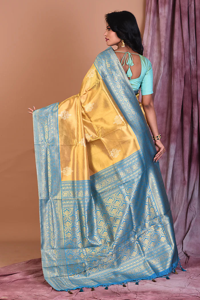 Golden Blended Organza Saree with Blue Borders - Keya Seth Exclusive