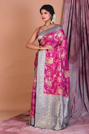 Onion Pink Dola Silk Saree with Grey Borders - Keya Seth Exclusive