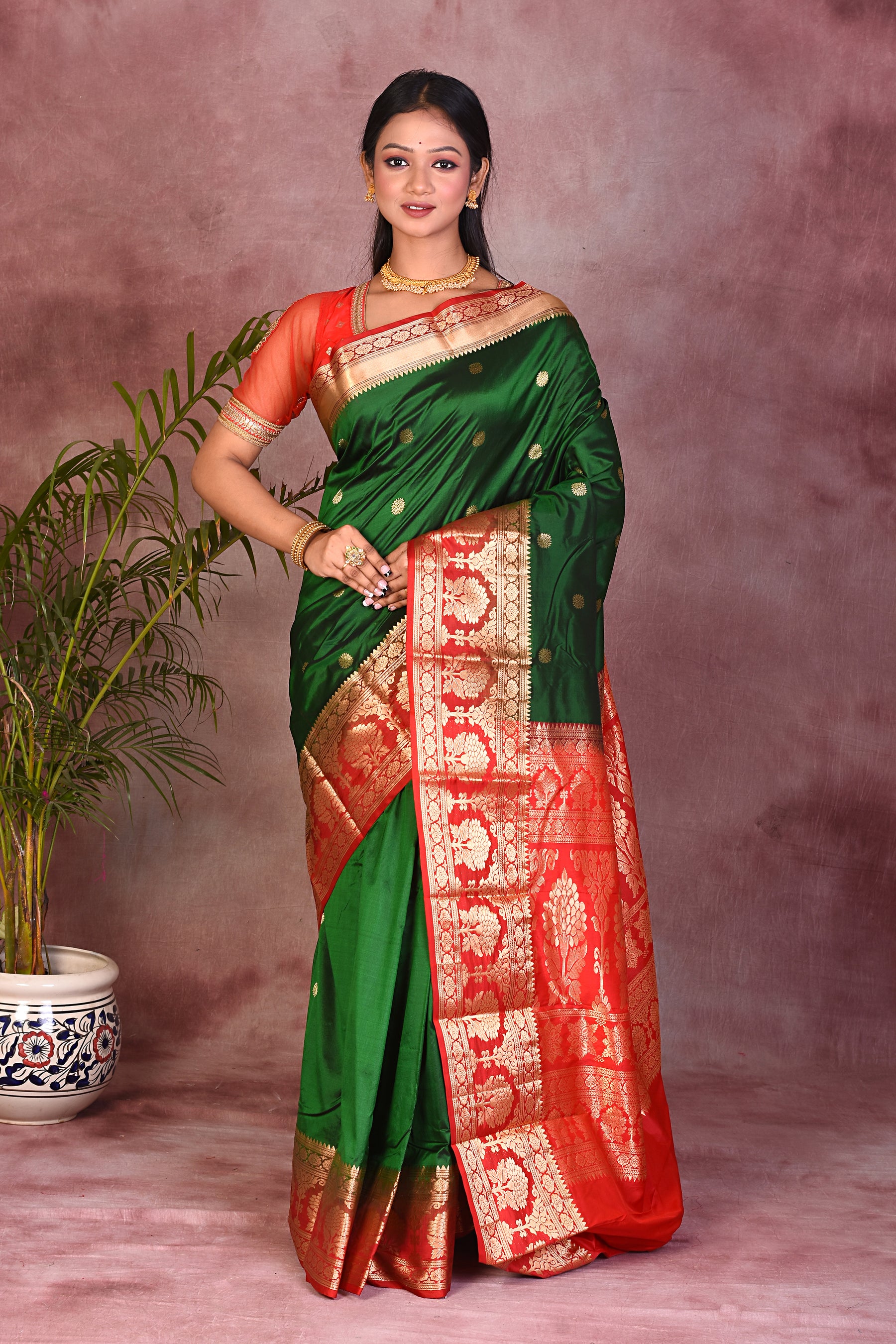 Dark Green with Red Borders Pure Kanjivaram Saree - Keya Seth Exclusive