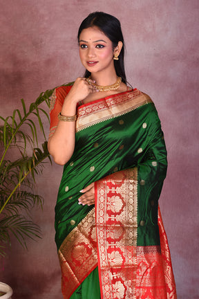 Dark Green with Red Borders Pure Kanjivaram Saree - Keya Seth Exclusive