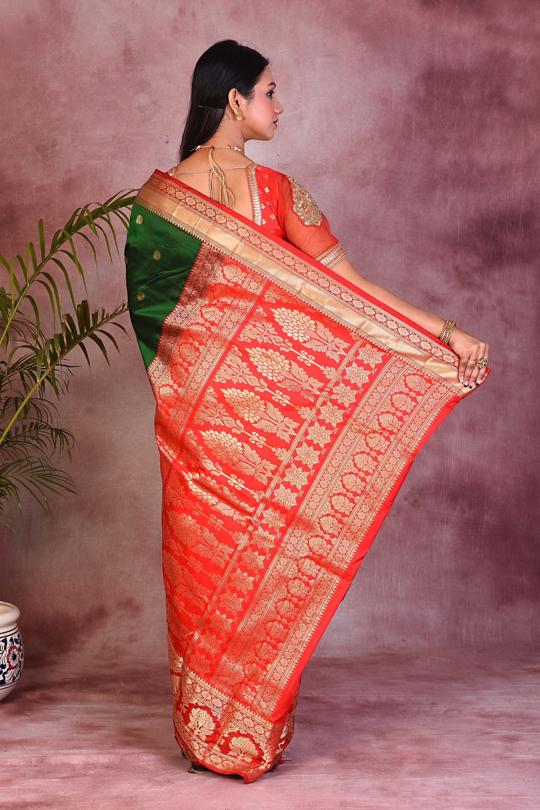 Dark Green with Red Borders Pure Kanjivaram Saree - Keya Seth Exclusive