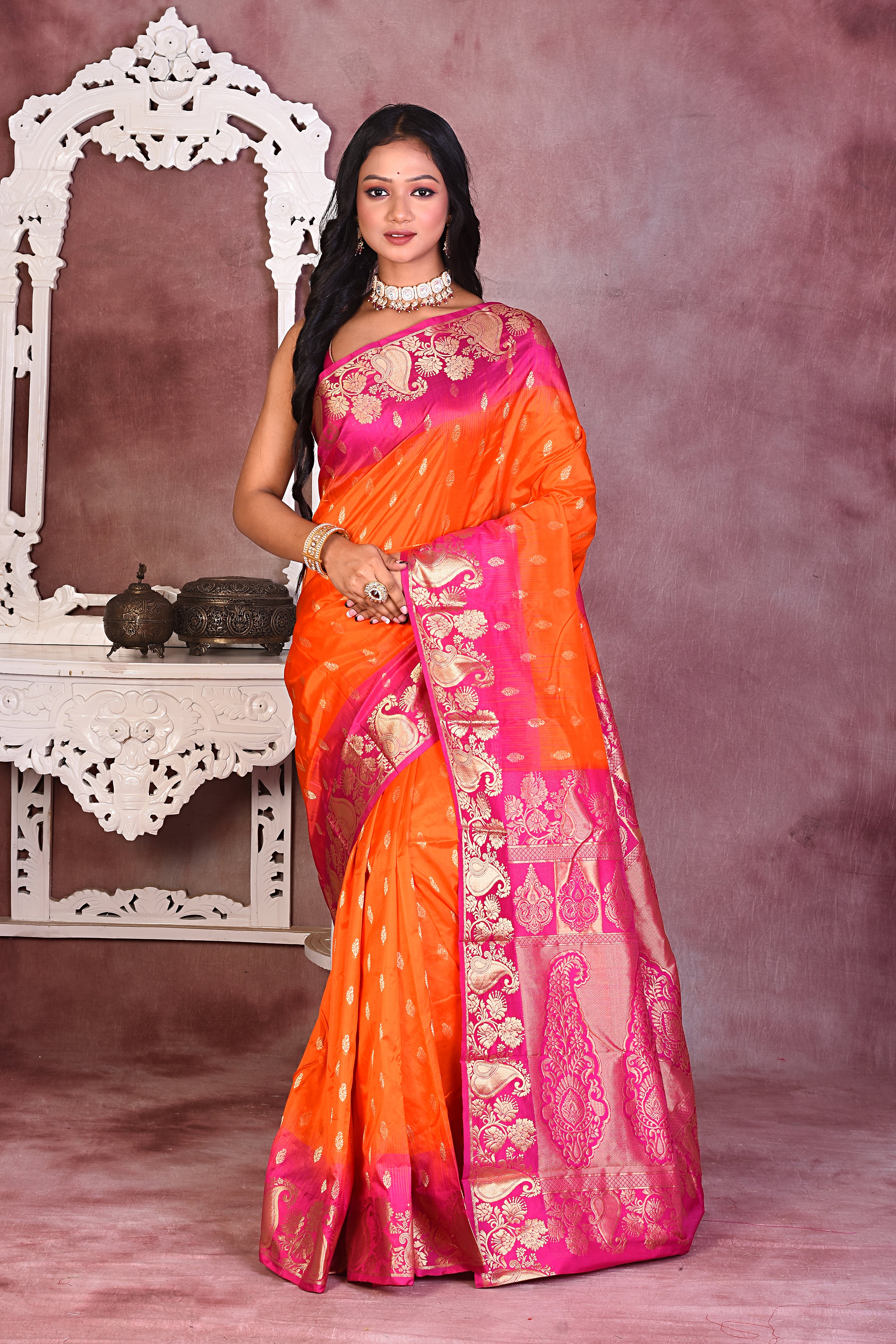 Orange with Pink Borders Pure Kanjivaram Saree - Keya Seth Exclusive