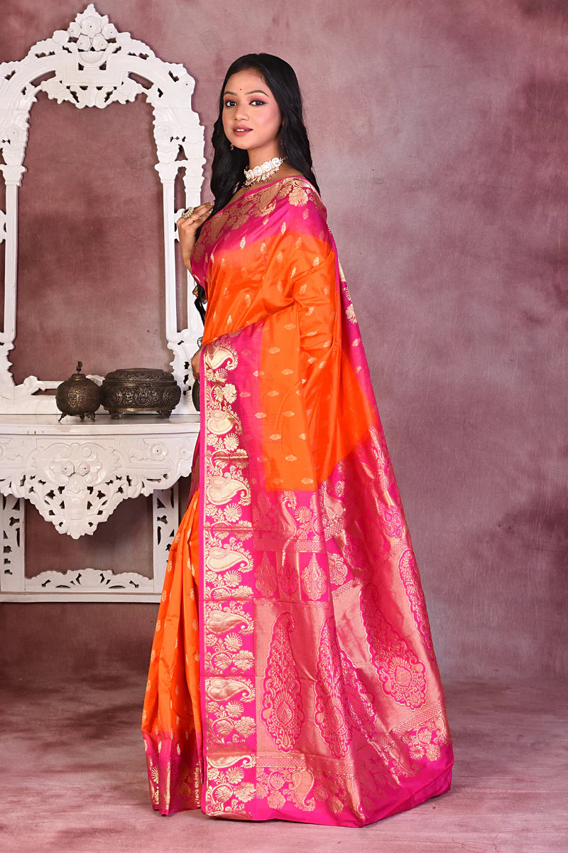 Orange with Pink Borders Pure Kanjivaram Saree - Keya Seth Exclusive