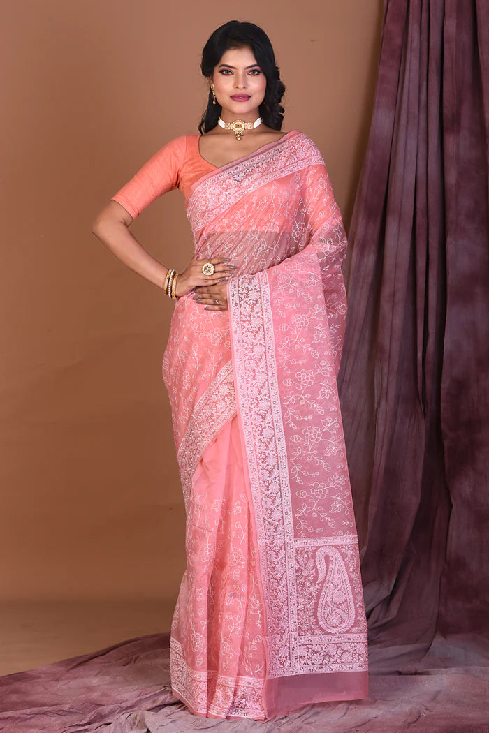 Baby Pink Blended Organza Saree with Threadwork - Keya Seth Exclusive
