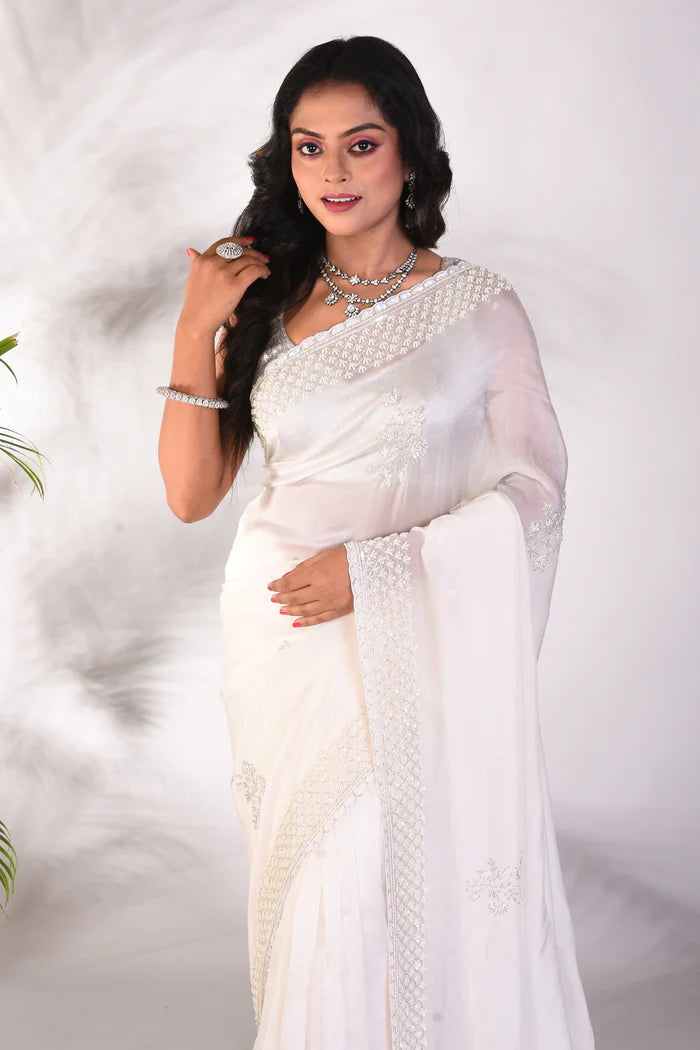 Fancy White Satin Silk Saree - Keya Seth Exclusive