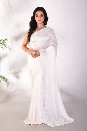 Fancy White Satin Silk Saree - Keya Seth Exclusive