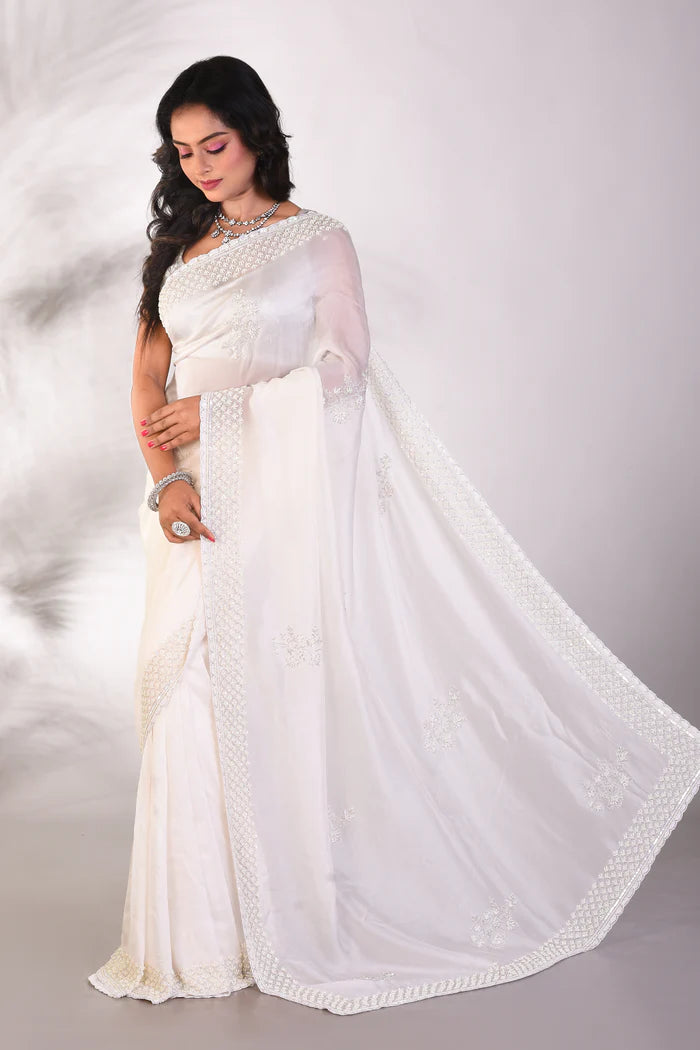 Fancy White Satin Silk Saree - Keya Seth Exclusive