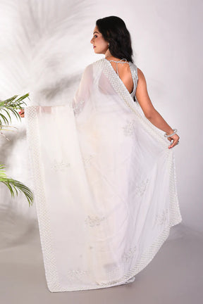 Fancy White Satin Silk Saree - Keya Seth Exclusive