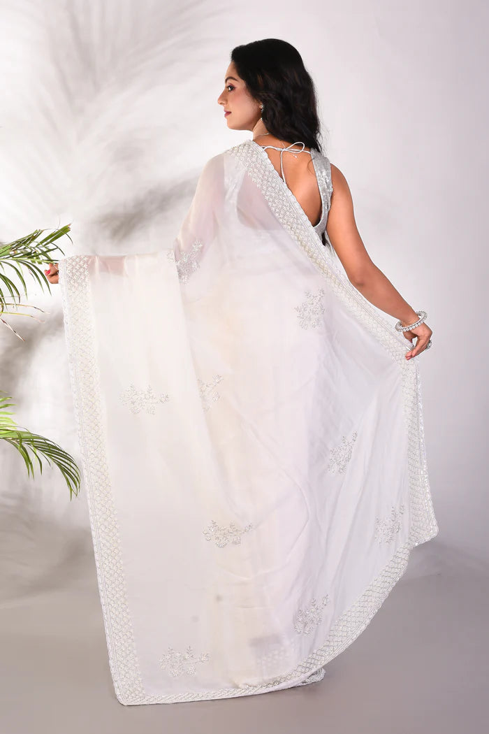 Fancy White Satin Silk Saree - Keya Seth Exclusive