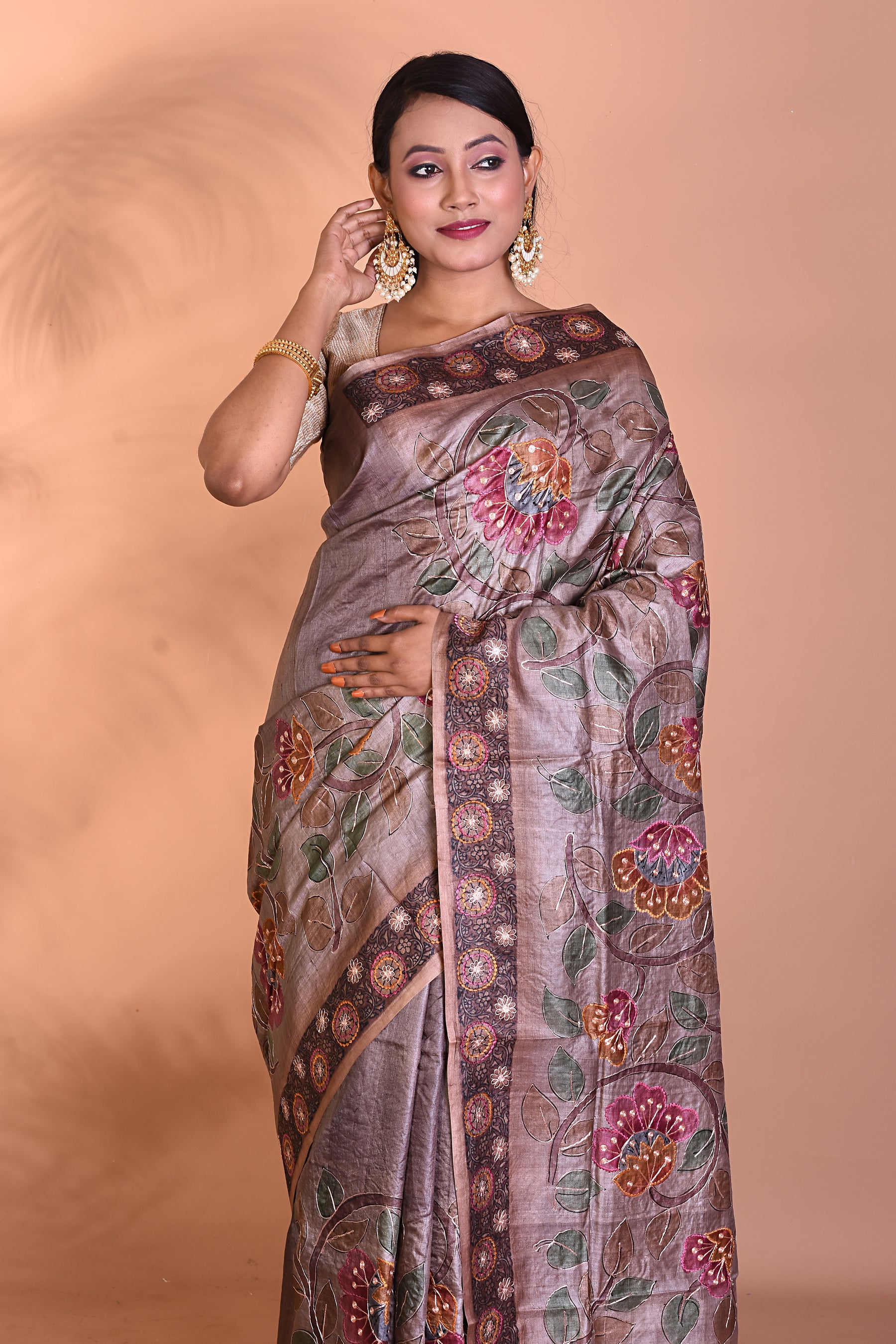 Pure Brown Tussar Silk Saree - Keya Seth Exclusive