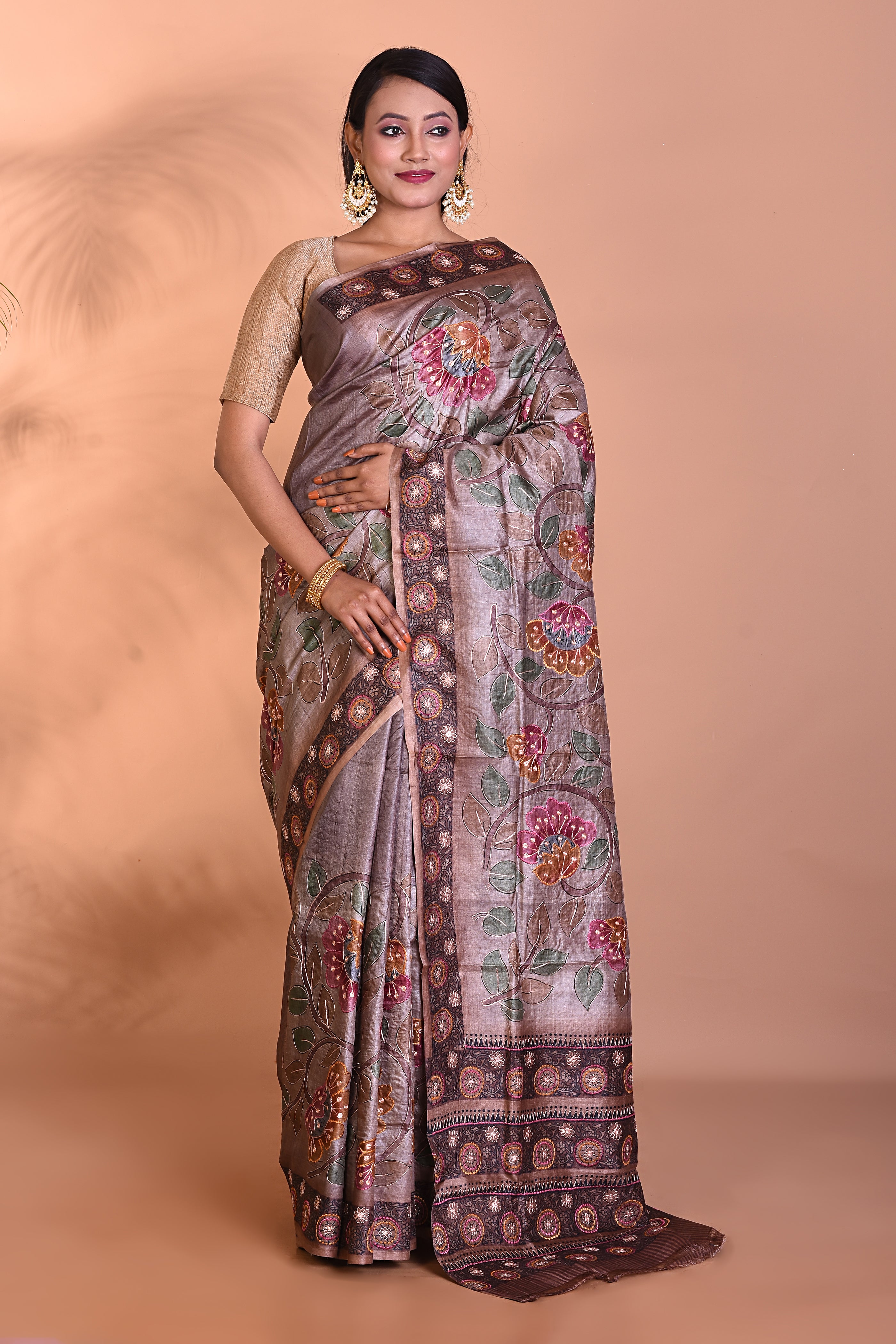 Pure Brown Tussar Silk Saree - Keya Seth Exclusive