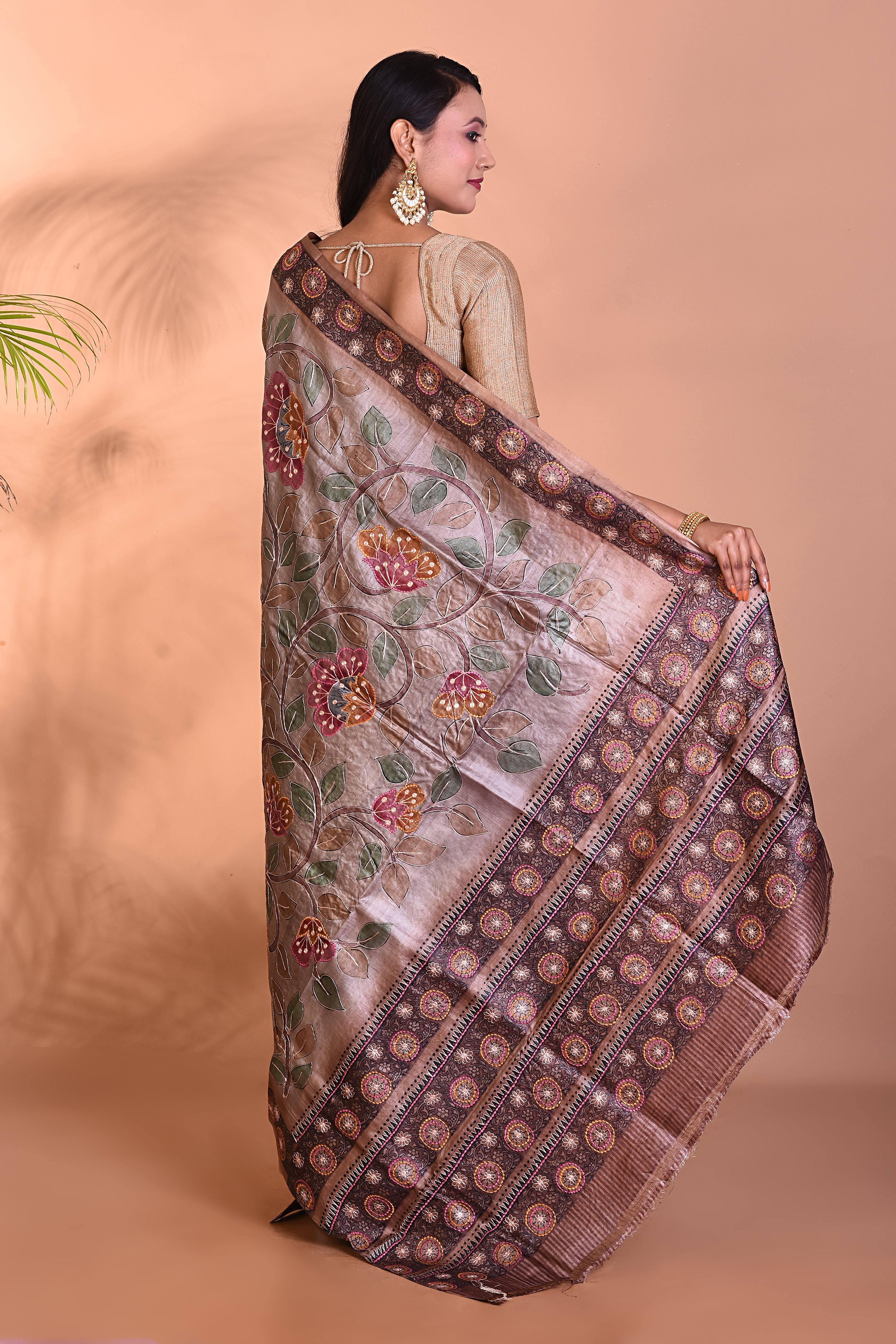 Pure Brown Tussar Silk Saree - Keya Seth Exclusive