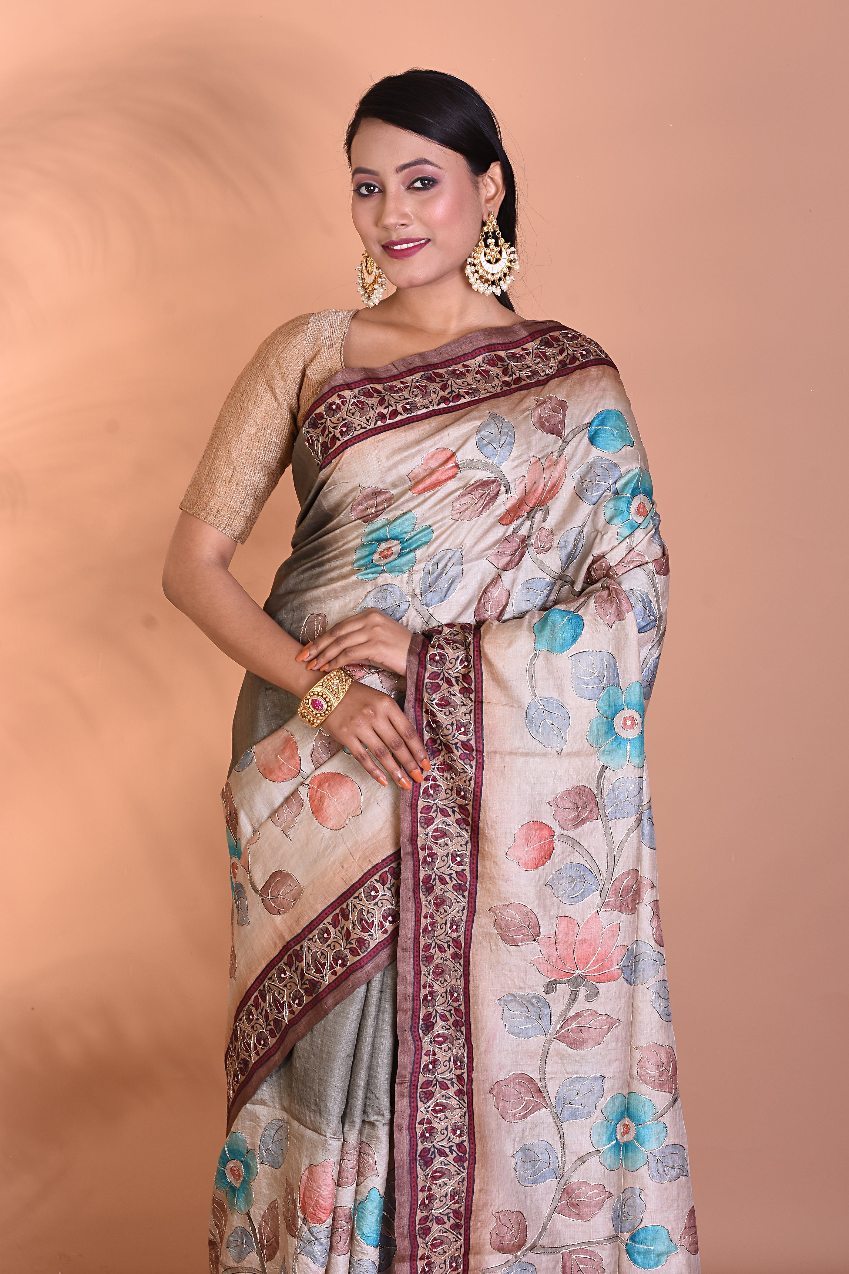 Grey Pure Tussar Silk Saree - Keya Seth Exclusive