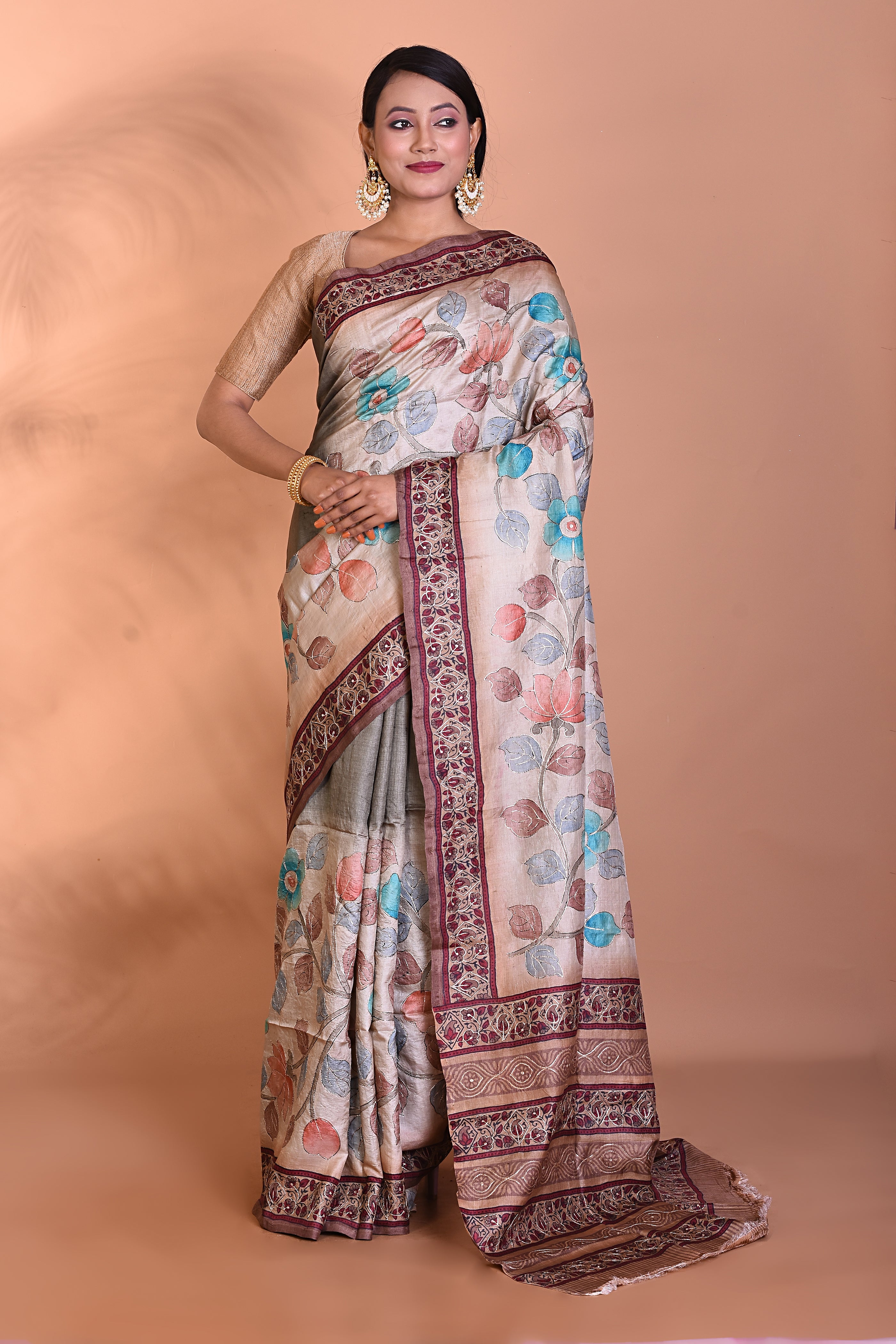 Grey Pure Tussar Silk Saree - Keya Seth Exclusive