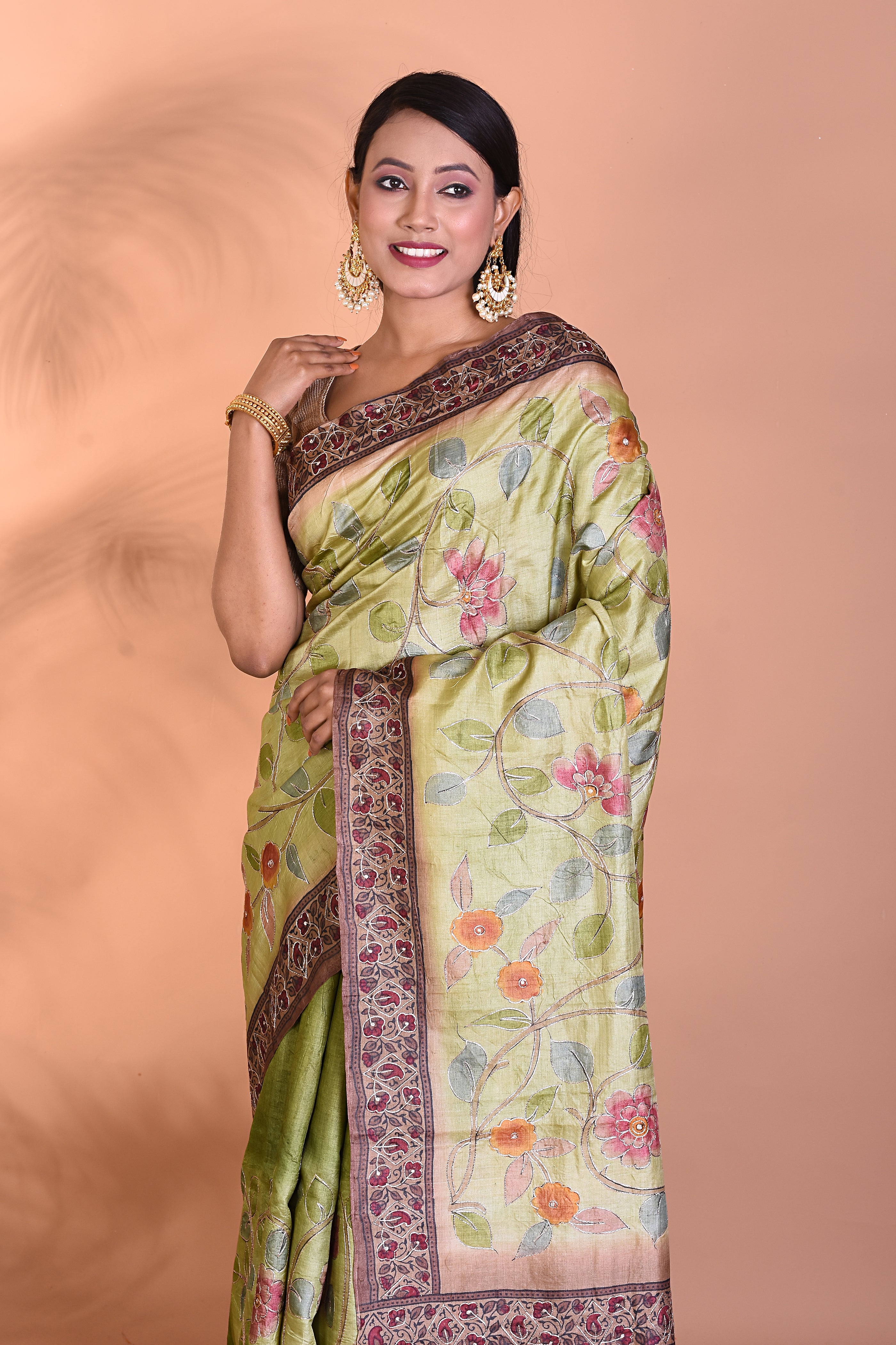 Pure Green Tussar Silk Saree - Keya Seth Exclusive