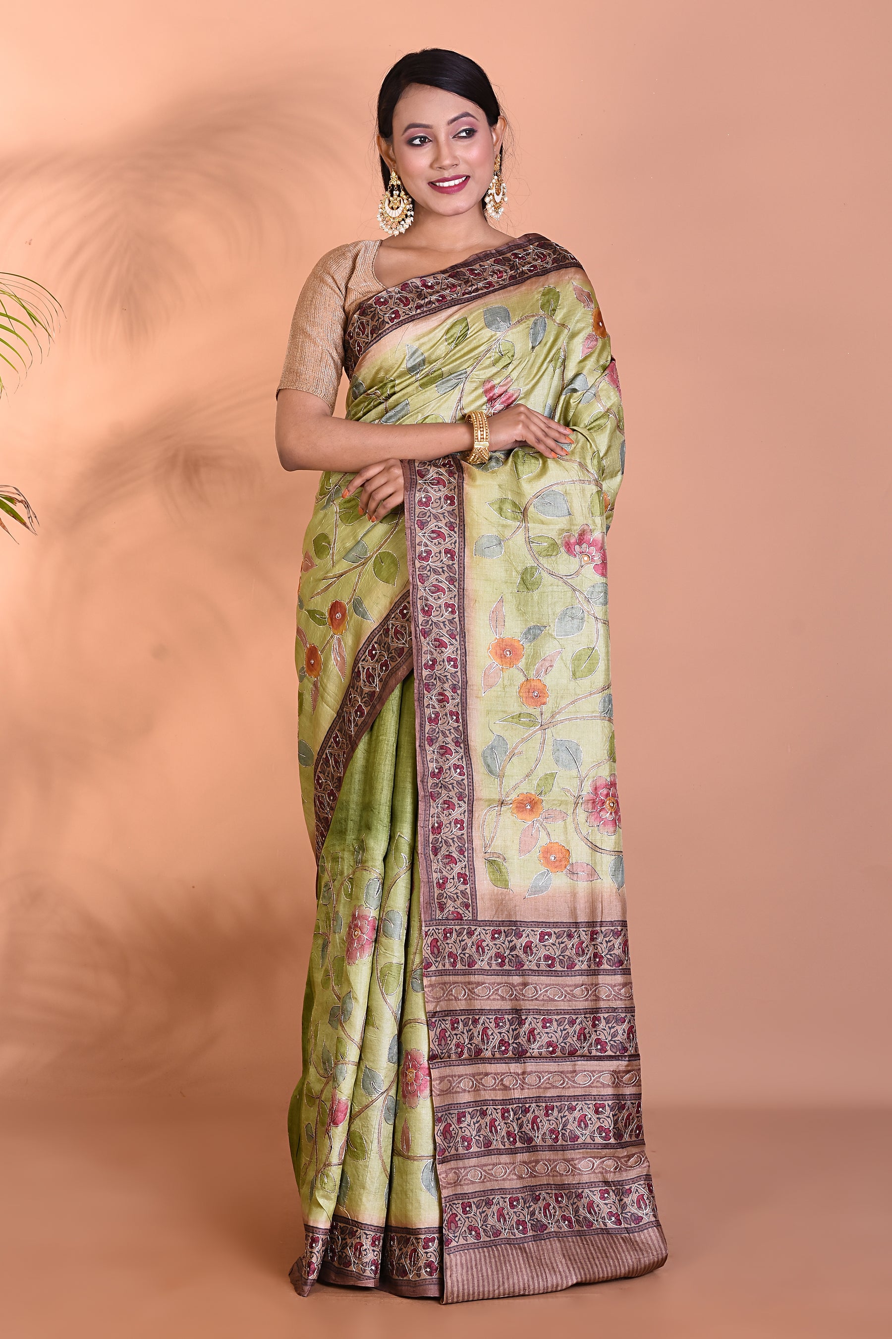 Pure Green Tussar Silk Saree - Keya Seth Exclusive